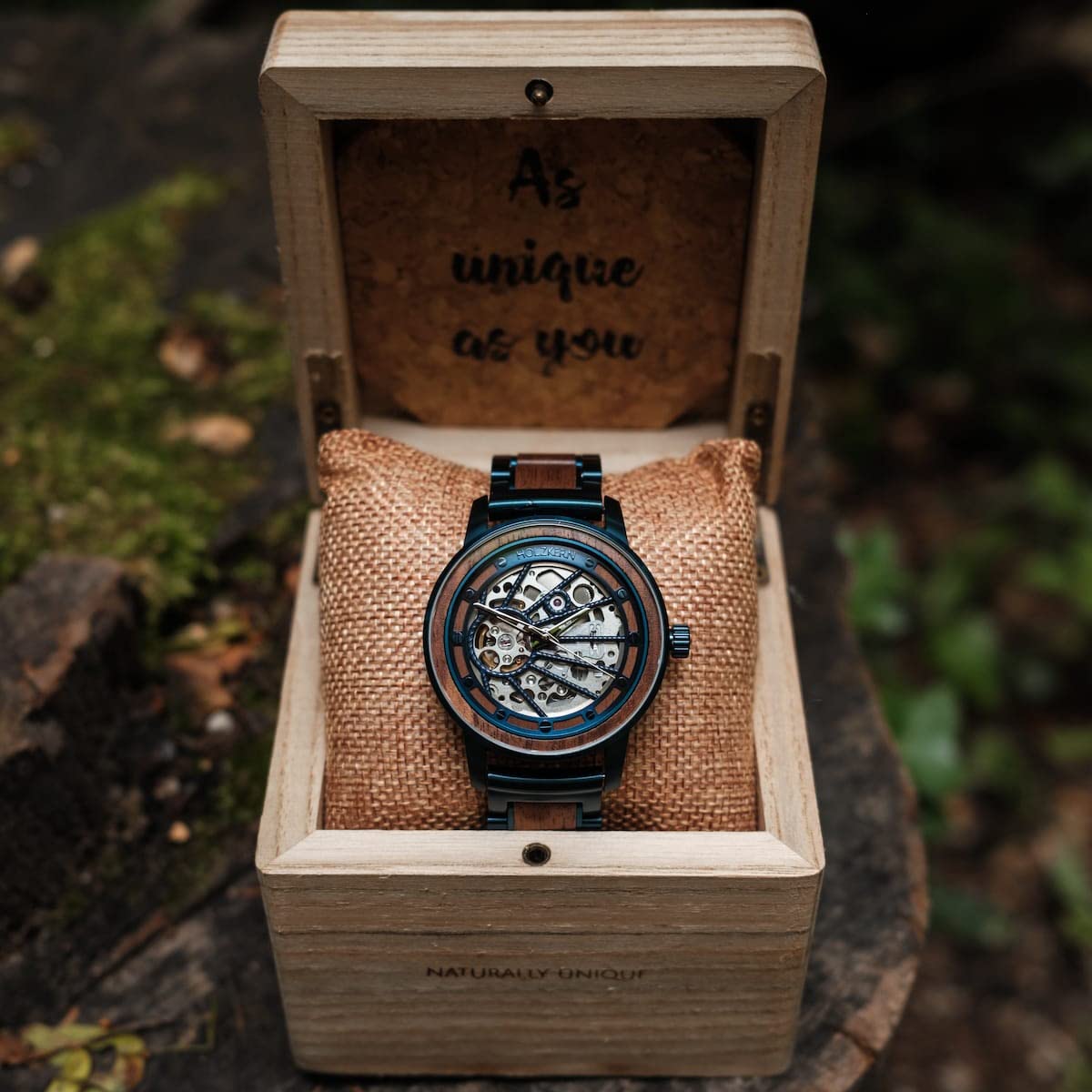 Holzkern Cobalt Mens Watch 42mm Blue Stainless Steel Skeleton Dial