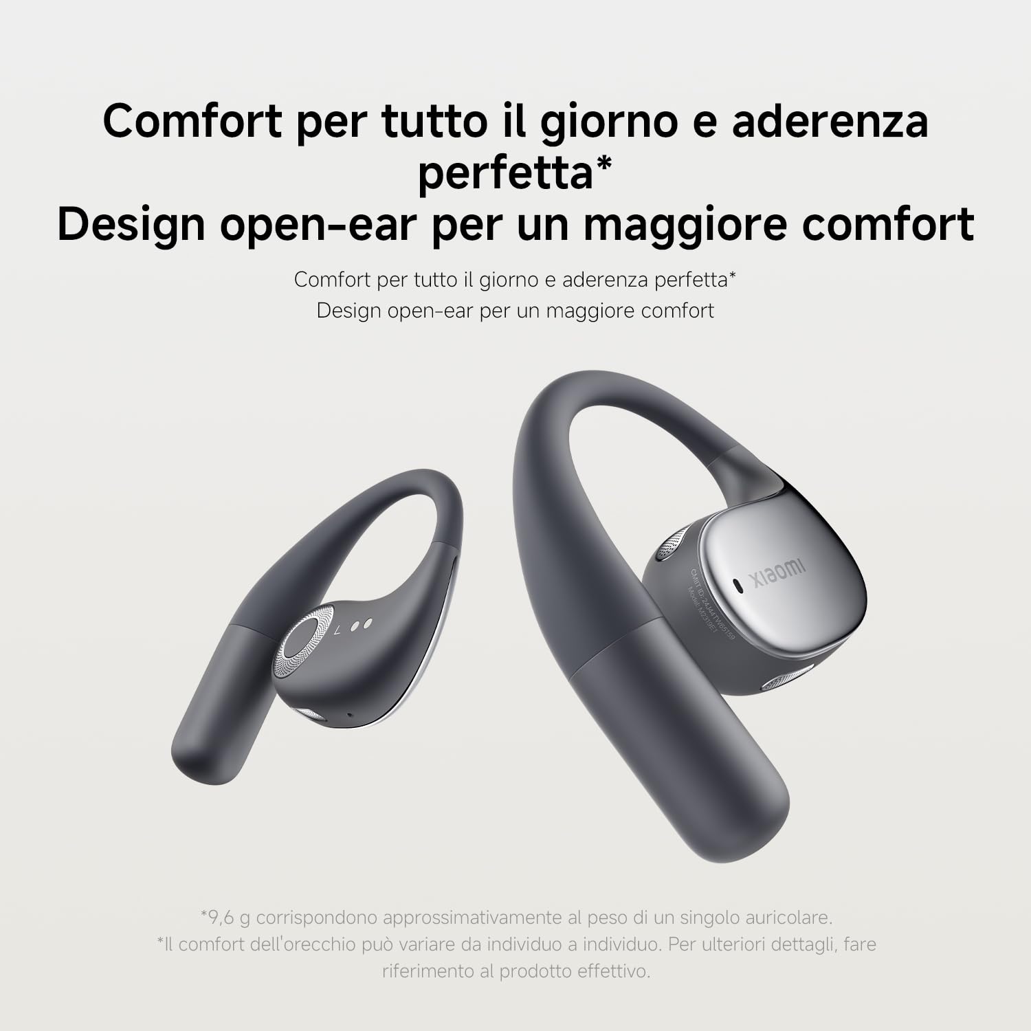 XIAOMI OpenWear Stereo, Cuffie Bluetooth, custodia di ricarica, Hi-Res Audio con driver dinamico, Fino a 38,5 ore di ascolto, Doppio microfono con riduzione del rumore, Design Ergonomico, Grigio