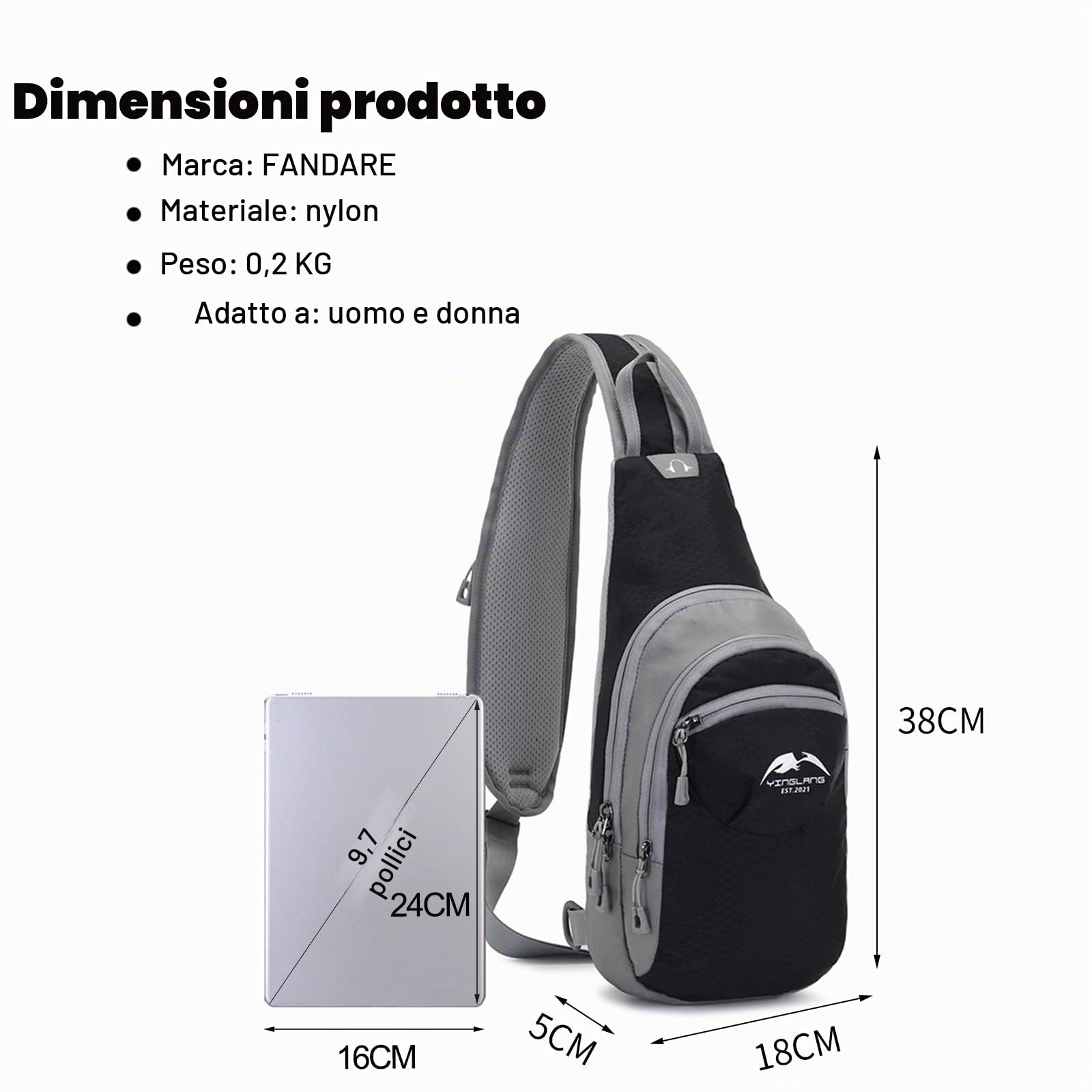 FANDARE Zaino Monospalla da Uomo Borse a spalla da palestra Zaini da hiking Donna Borsa a Spalla da palestra Borsa Tracolla Borsello a Spalla per Sportivo Trekking Ciclismo Viaggio Nero
