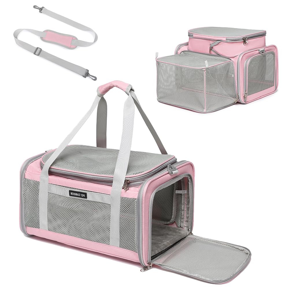Airline Approved Pet Carrier for Cats and Small Dogs up to 15 lbs, Breathable Mesh, Portable Travel Bag for Bearded Dragon, Puppies Animal Hangbag, Rabbit Cage (Pink, Expandable)