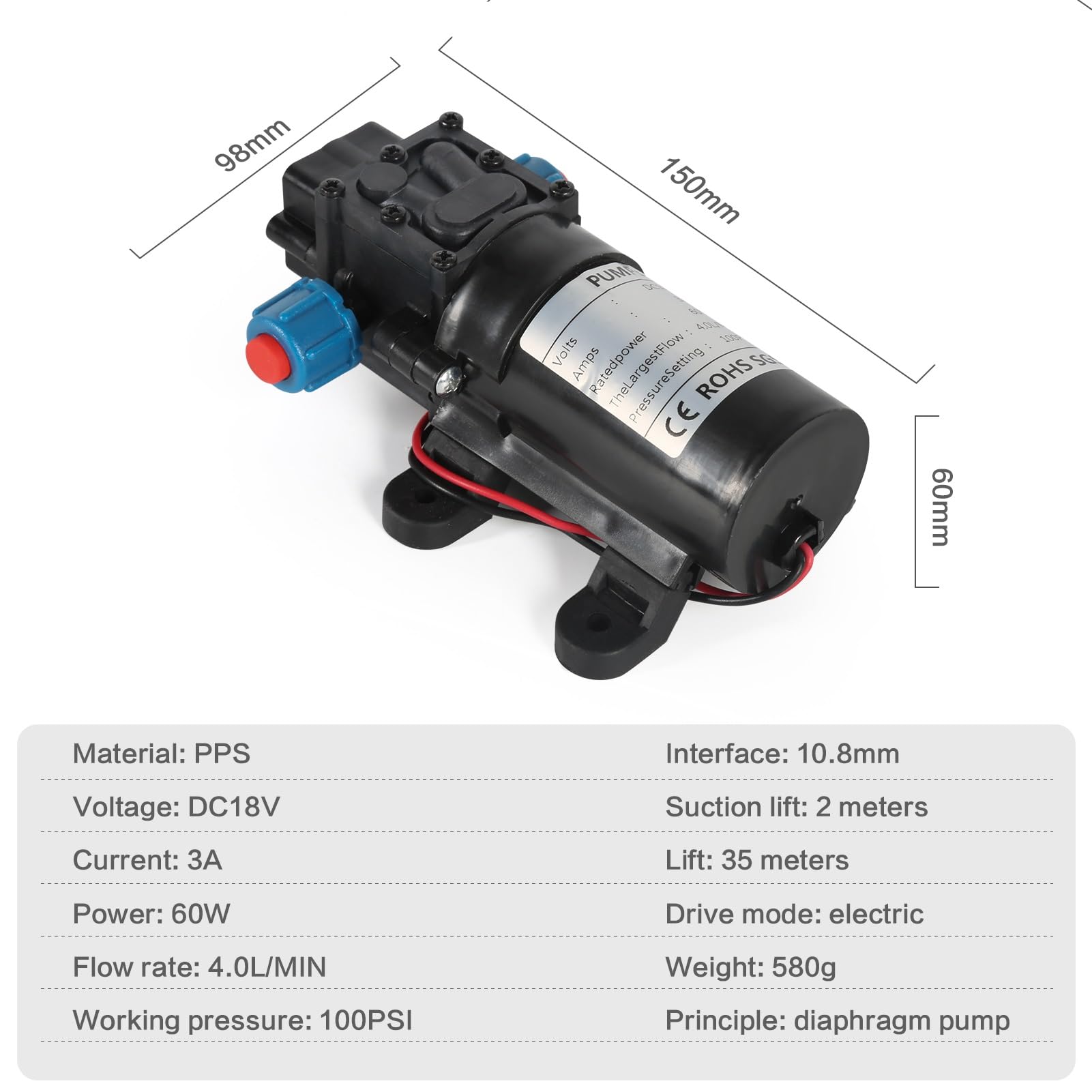 DEWIN Pompe à eau pompe à diaphragme 18 V 60 W micro pompe avec interrupteur automatique 4 L/min pulvérisateur haute pression pour lavage de voiture