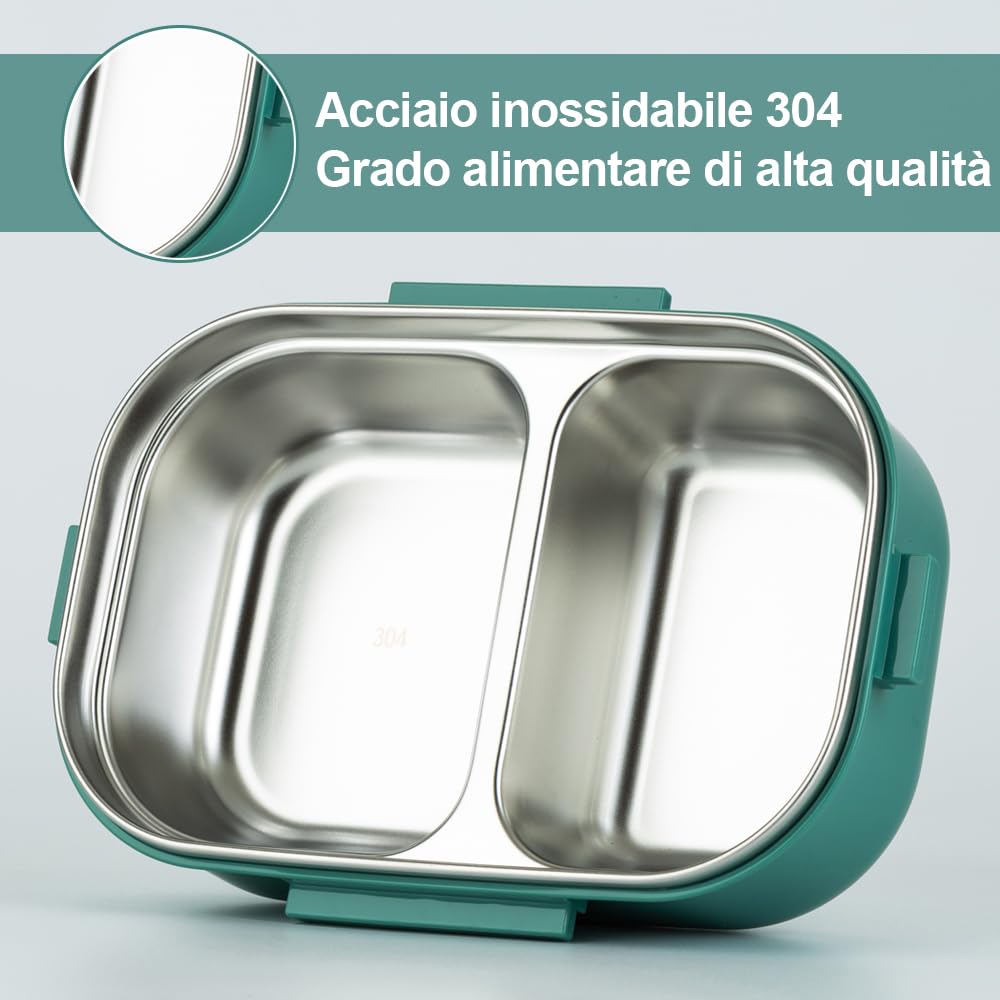 Lille Home 850ML en acier inoxydable Fuite à 2 compartiments Bento Boîte à lunch/Portion Control Continer Food avec sac à lunch et couverts, BPA gratuit (Verde)