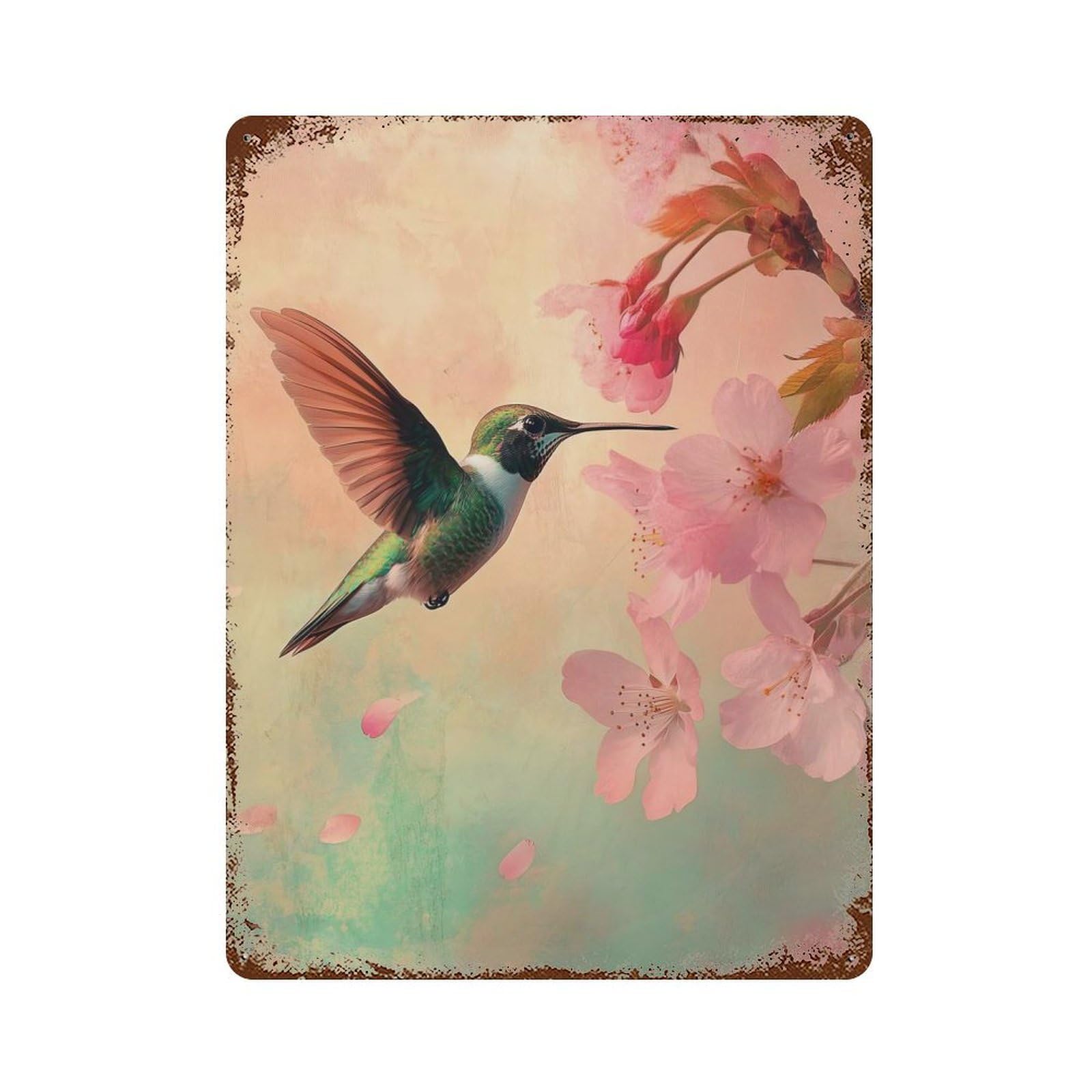 Vintage Rust Metal Sign Hummingbird And Cherry Blossoms Art 15.7"x11.8", Old School Wall Decor for Garage, Bar And Workshop Decor