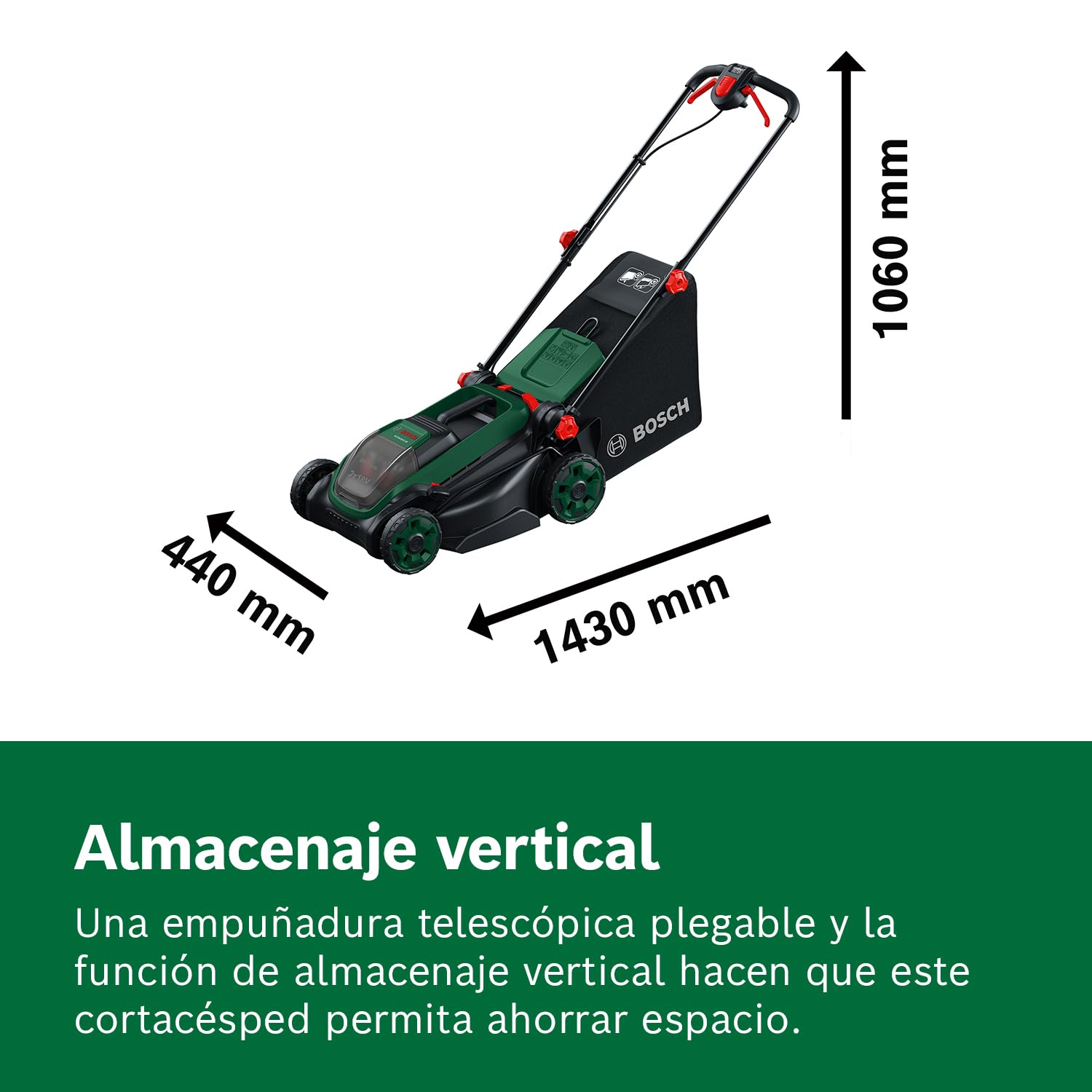 Bosch cortacésped a batería ROTAK18V2-38 (anchura de corte: 38 cm, altura de corte: 30-75 mm, cesto de tela de 40 l, tapón para triturado, incluye 2 baterías de 18V y cargador)