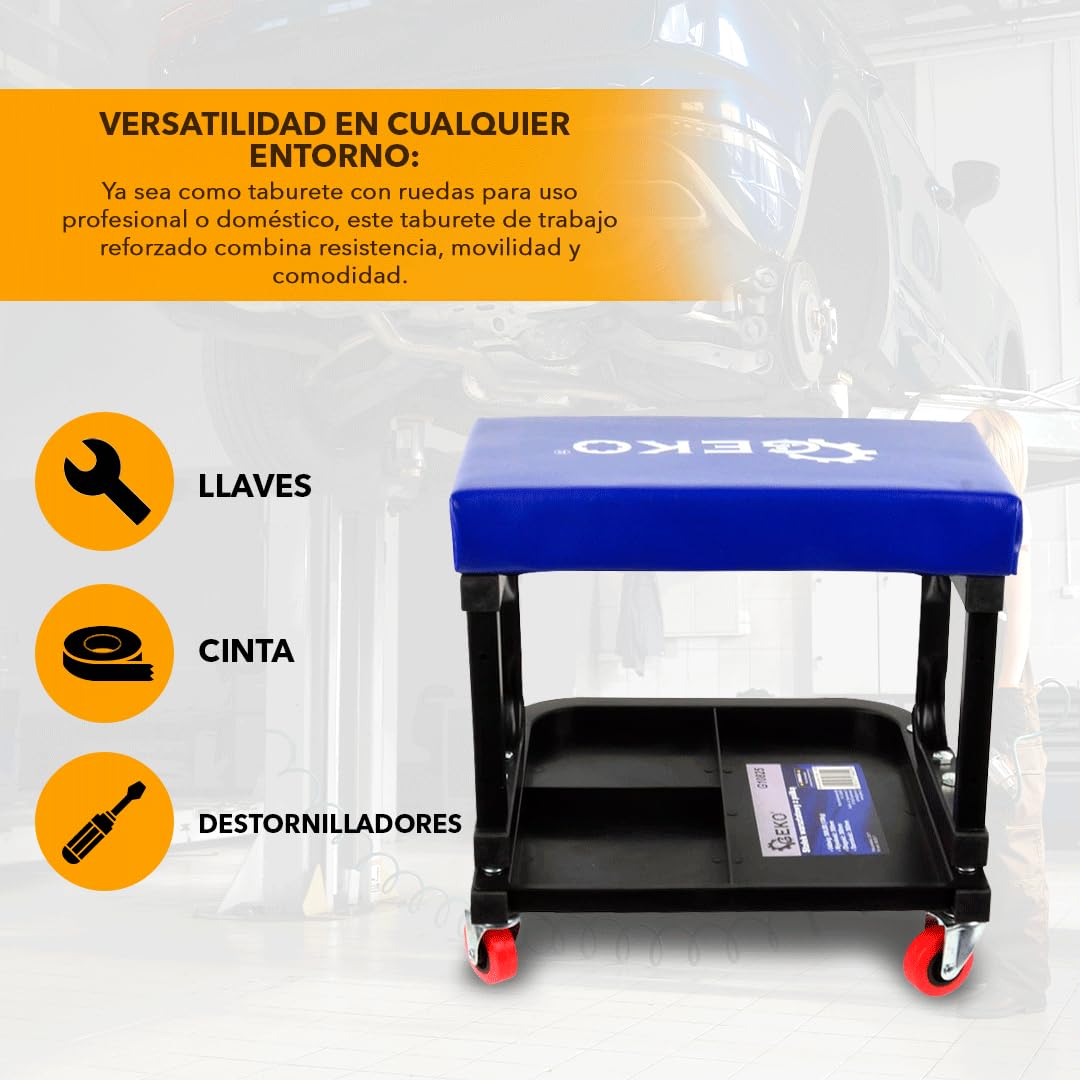 Taburete de Trabajo | Cuerpo de Acero Resistente, Asiento Acolchado, Carga Máxima 136Kg | Taburete con 4 Ruedas Giratorias 360° | Taburete de Taller Con Estante Dividido Para Herramientas