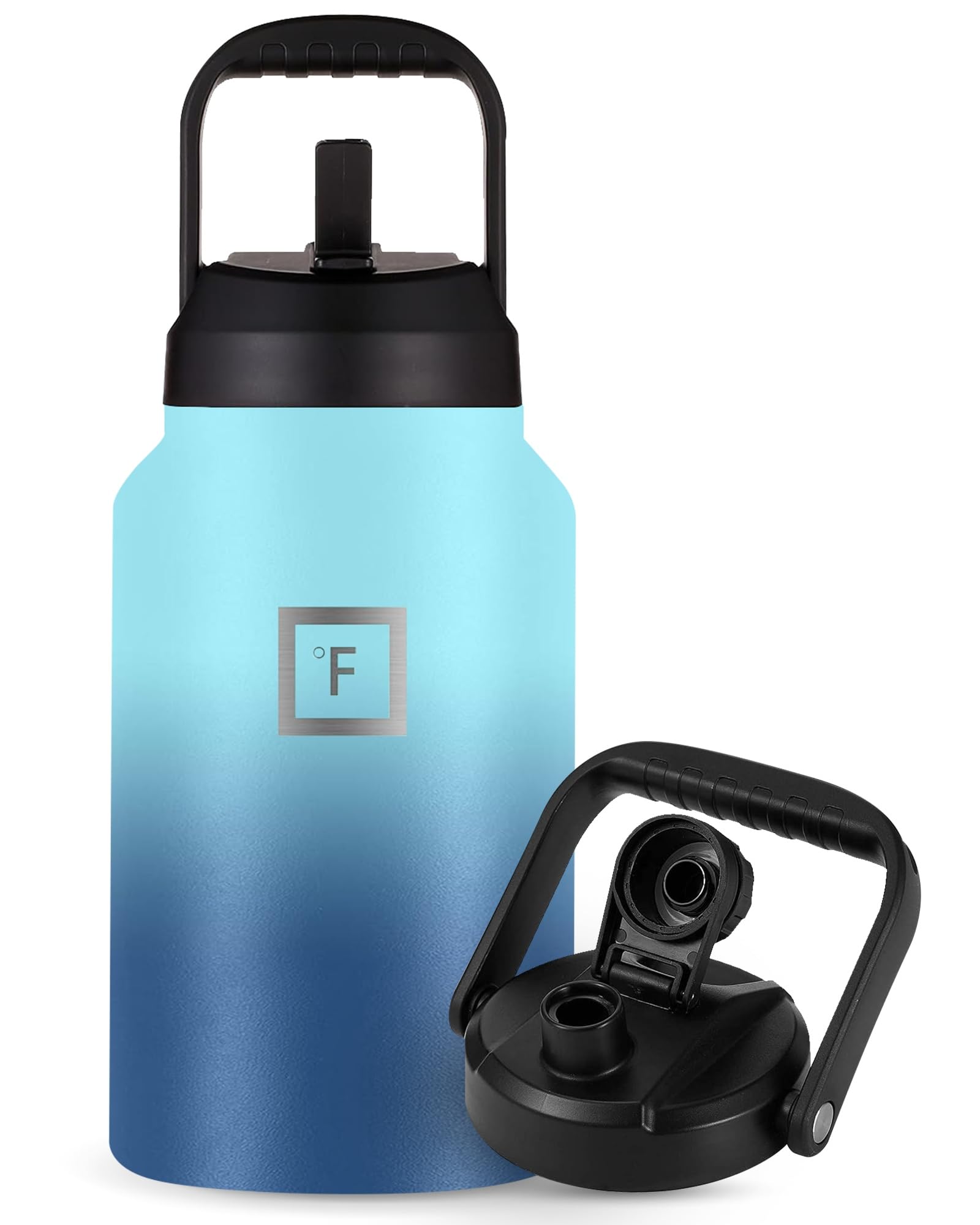 IRON °FLASK Sports Water Bottle - Gallon Series - 2 Lids (Straw and Spout), Leak Proof, Vacuum Insulated Stainless Steel, Double Walled, Thermo Mug, Metal Canteen Jug Growler - Blue Waves, 128 Oz