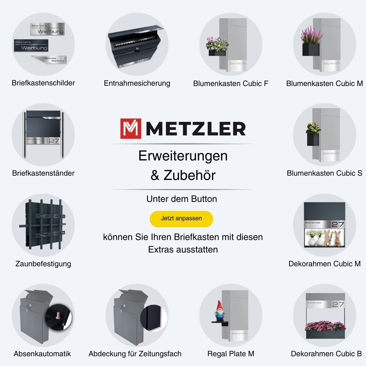 Metzler Briefkasten Anthrazit RAL 7016 wetterfest rostfrei für den Außenbereich – Wandbriefkasten mit Zeitungsfach personalisiert V2A Edelstahl Namensschild Gravur Hausnummer und Namen | Premium