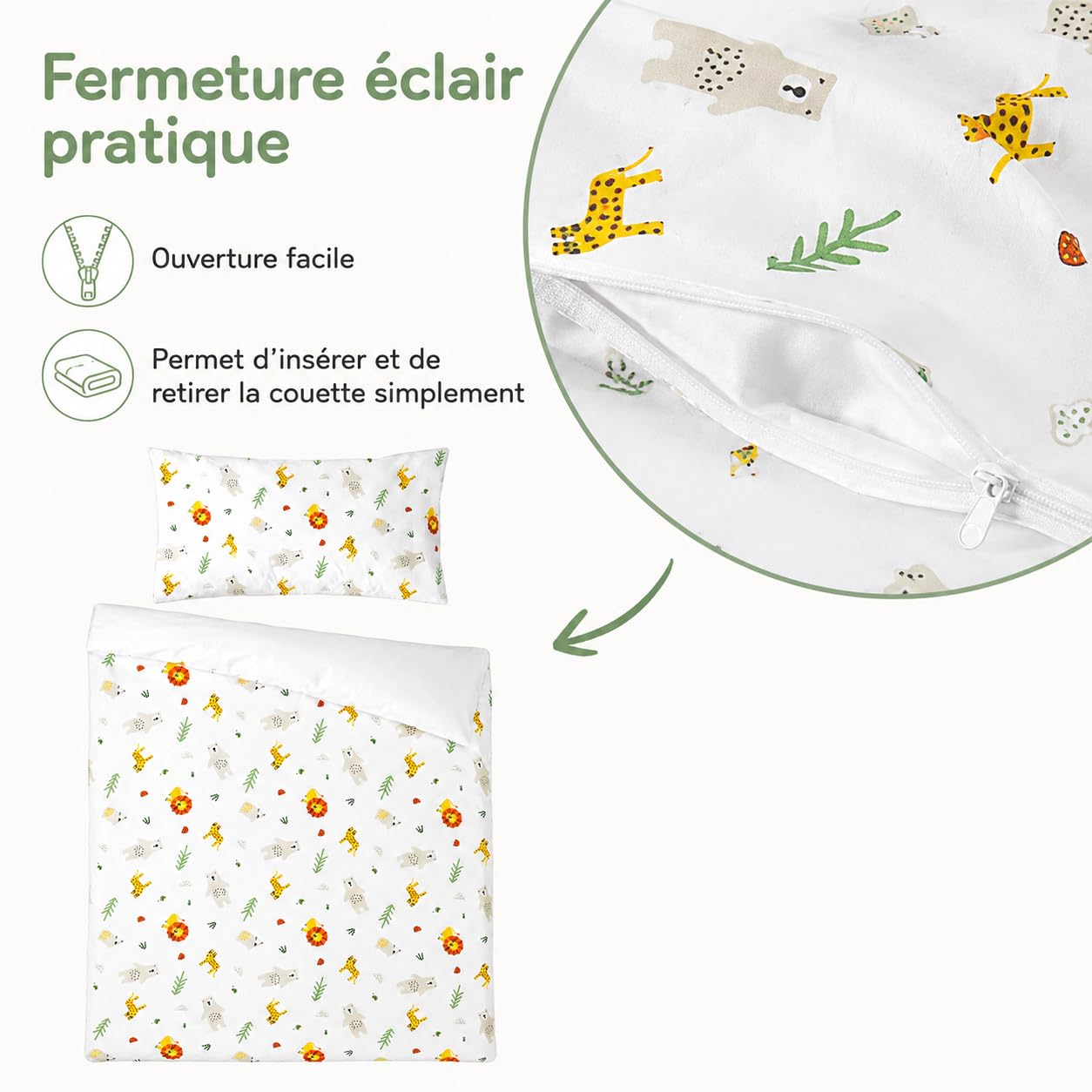 various Parure de Lit Bébé 90 x 120 cm, Motif Leo | Taie 40 x 60 cm,100 % Coton avec Fermeture Éclair, pour Lit 60 x 120 cm