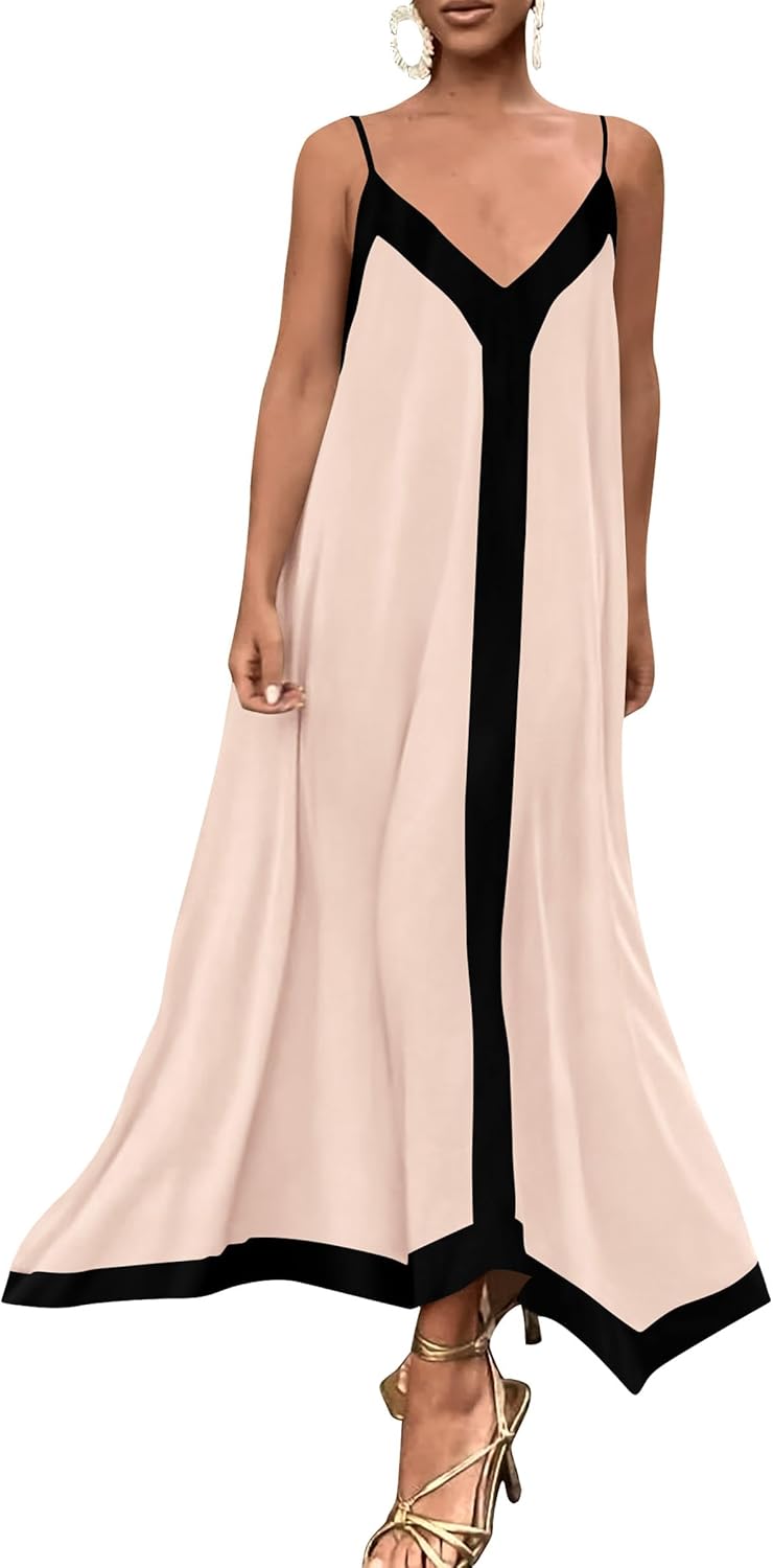 Flowy maxi dress 2025 summer sleeveless v neck elegant.