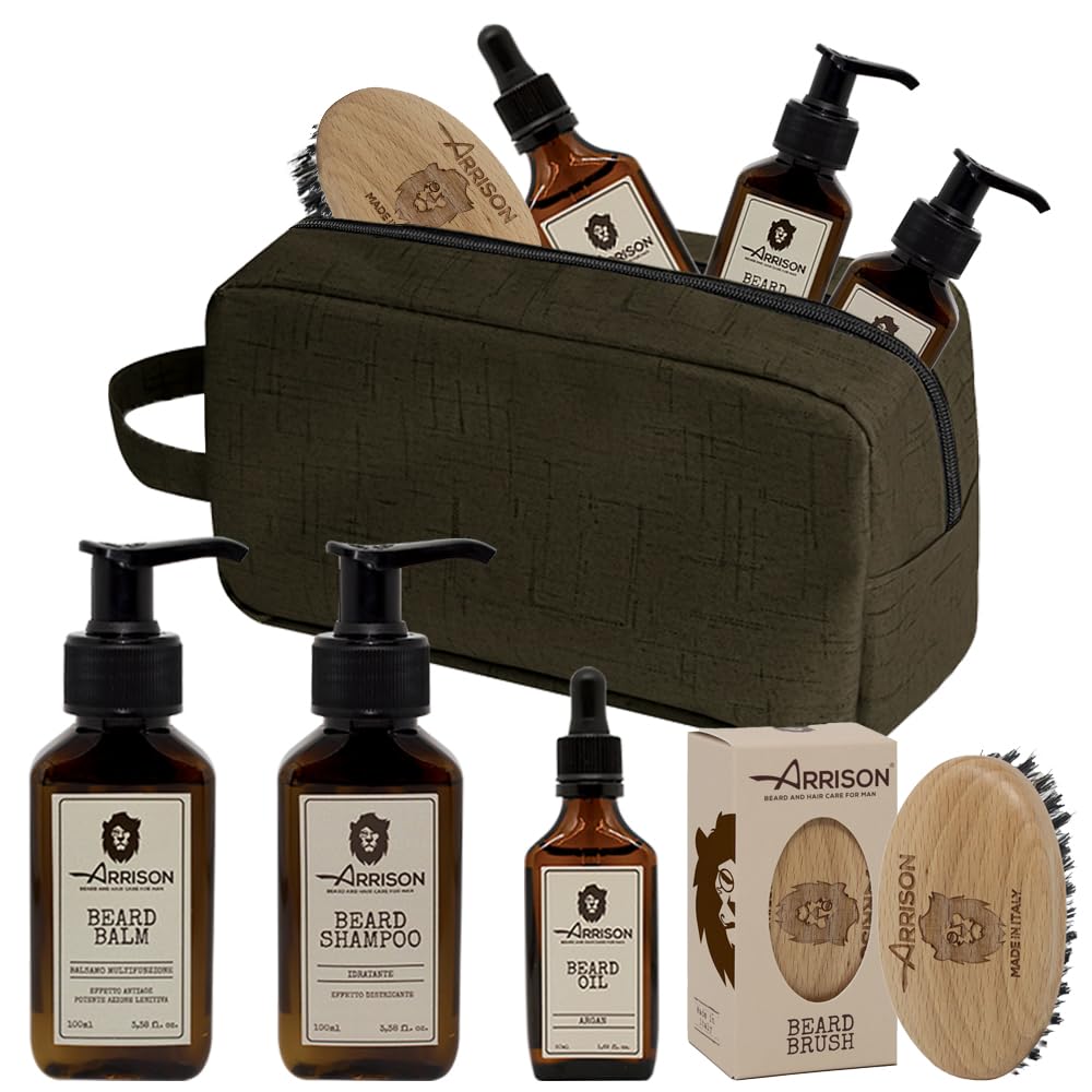 ☆ARRISON® BEARD☆ Made In Italy Kit completo de barba para hombres + belleza - Este set de barba contiene champú de madera de haya, acondicionador, aceite para barba y un cepillo con cerdas de jabalí.