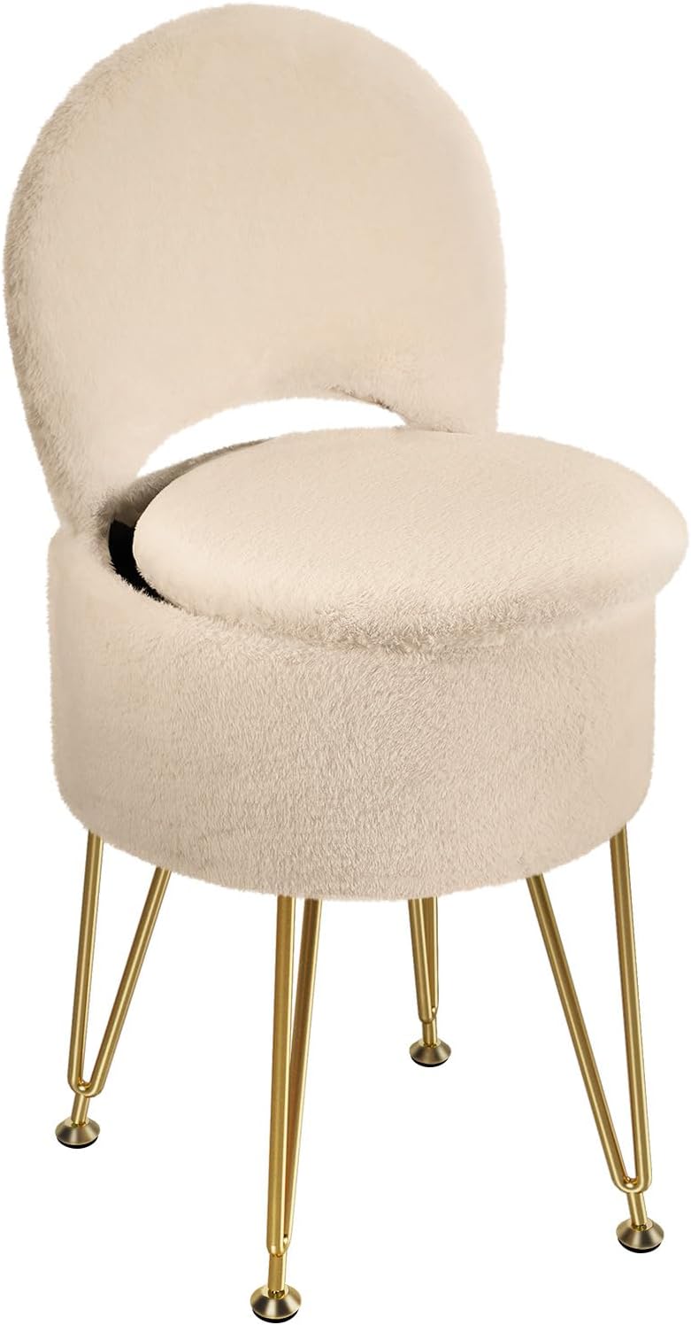 GREENSTELL Vanity Stool Chair with Storage and Folding Back, 15.7" x 15.7" x 19.5" Faux Fur Soft Ottoman for Adults, 4 Metal Legs with Anti-Slip Feet, Furry Padded Seat for Makeup, Bedroom, Camel