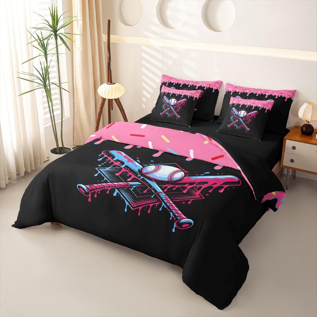 Loussiesd Juego de funda de edredón de béisbol tamaño Super King de 7 piezas, ropa de cama para niños y niñas, juego de cama con funda de edredón, sábanas, fundas de almohada, fundas de cojín