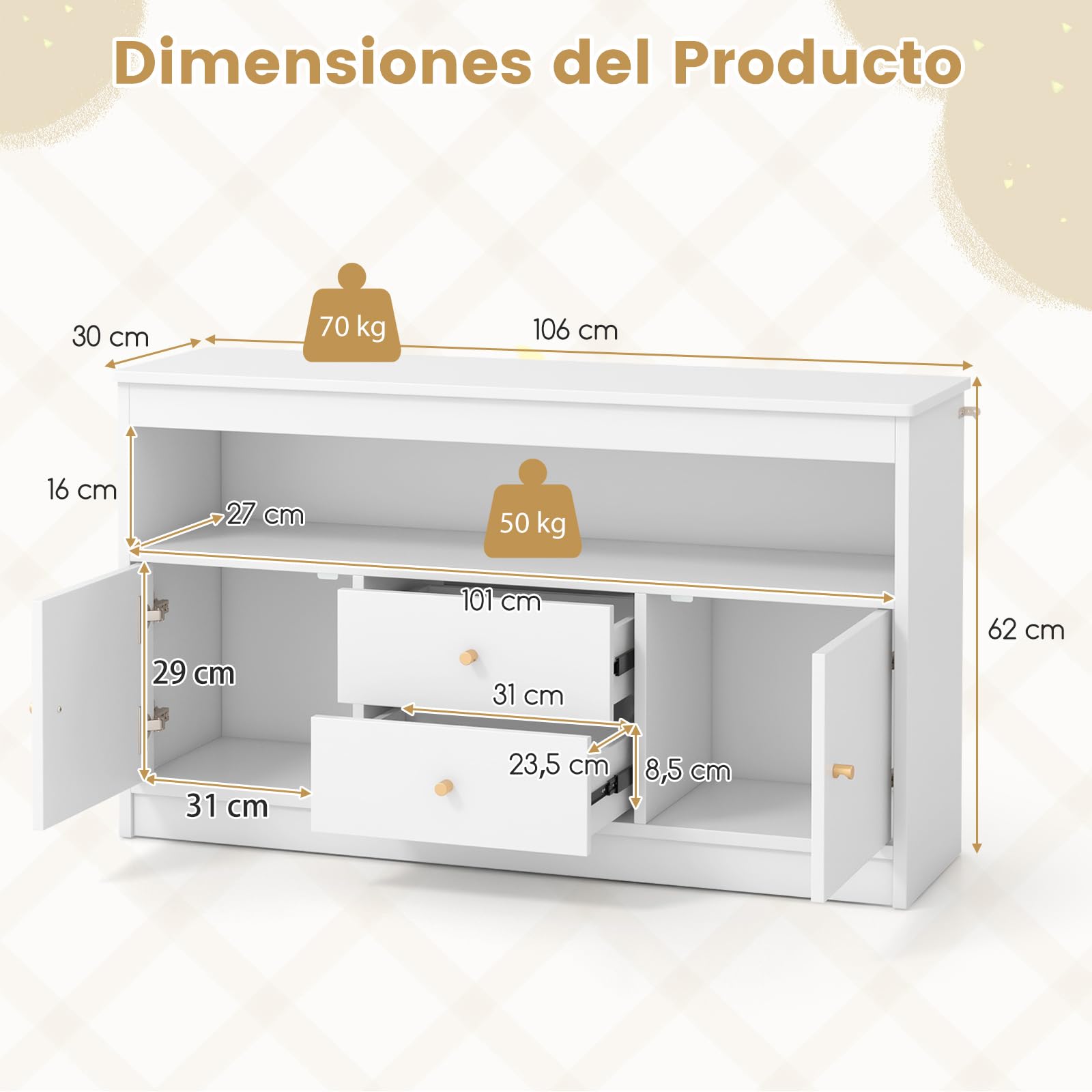 COSTWAY Armario de Juguetes para Niños, Estantería Infantil de Madera con Estante Abierto, 2 Cajones y 2 Puertas, Mueble Multifuncional para Salon, Dormitorio, Guardería, Jardín de Infancia (Blanco)