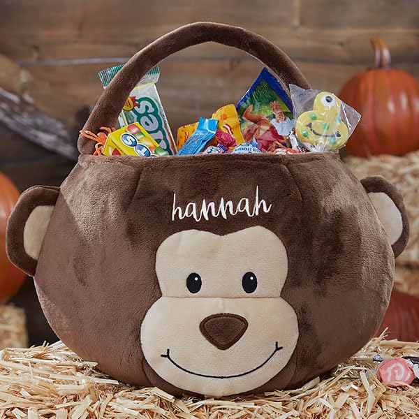Personalization Universe Monkey Embroidered Plush Treat Bag, Perfect for Easter Basket Stuffers and Halloween Candy, Quality Constructed with Reinforced Handles