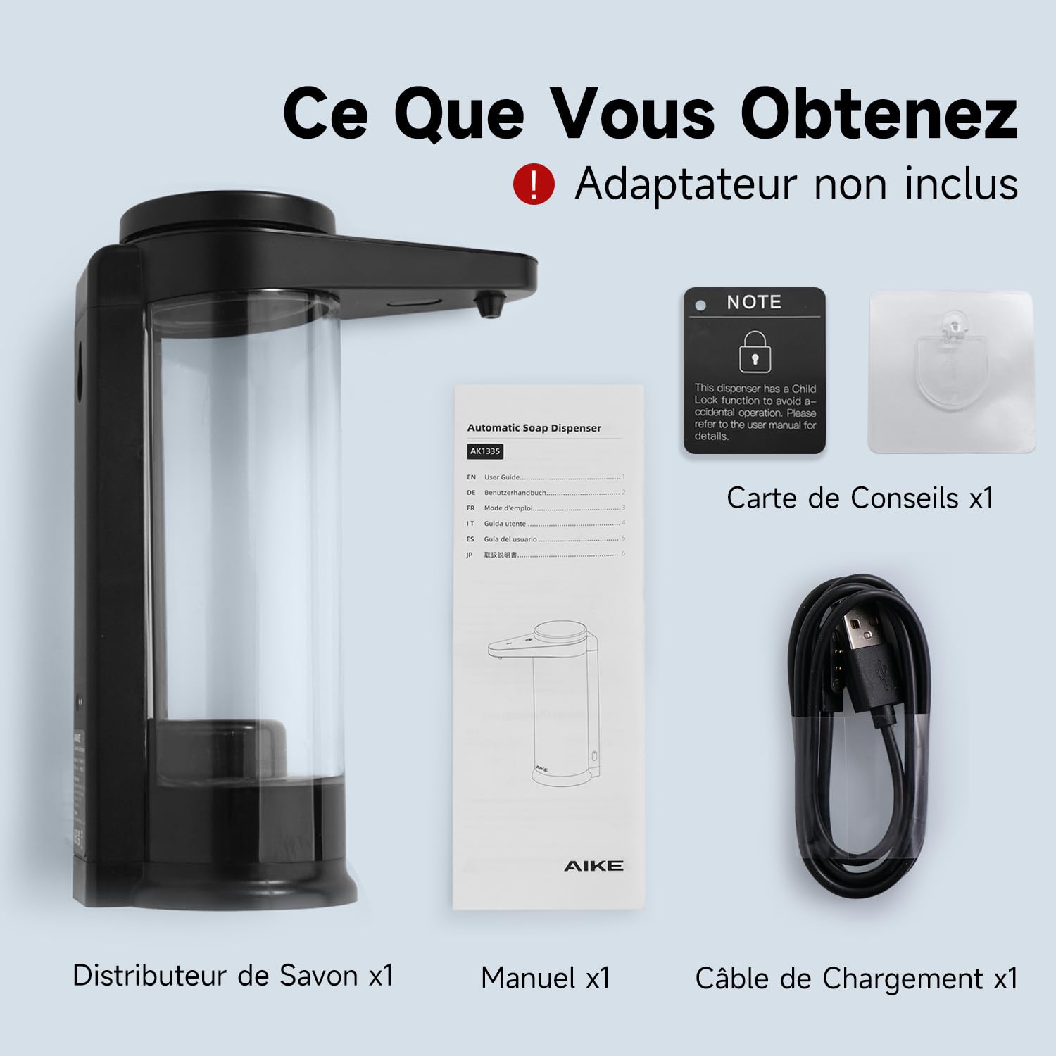 AIKE 500ml Distributeur de Savon Liquide Automatique Rechargeable sans Contact Fixation Murale Noire