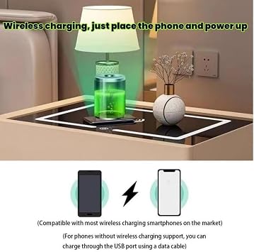 Smart Bedside Table, Wireless Charging Nightstand, Smart Nightstand with Adjustable Touch Sensing Lighting, Double Drawers Table for Bedroom, Night Table with Microfiber Leather Surface(Champagne,17.7