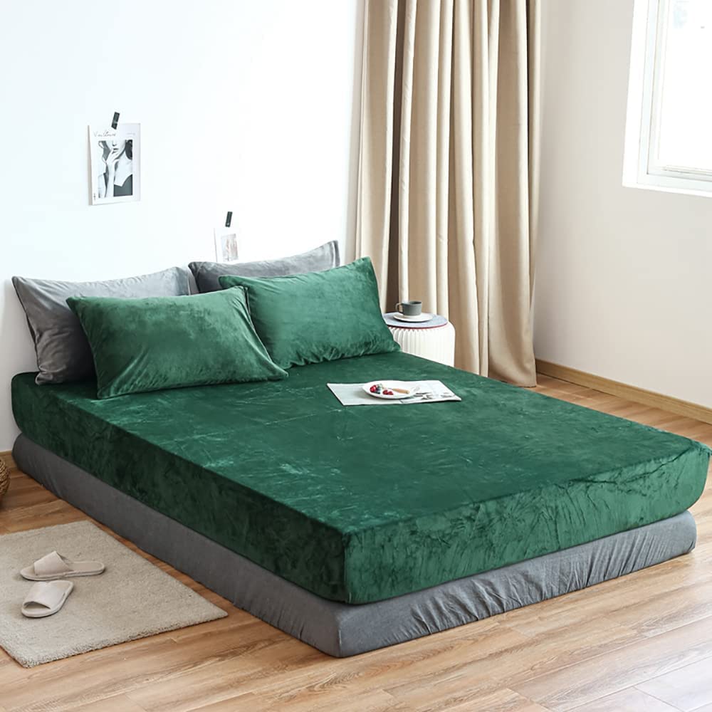 Lanqinglv Dark Green Fitted sheet 150x200 cm King Size Flannelette 35cm Deep Fitted Bed Sheet,Thermal Warm Cosy Flannel Bed Sheets Perfect for Winter