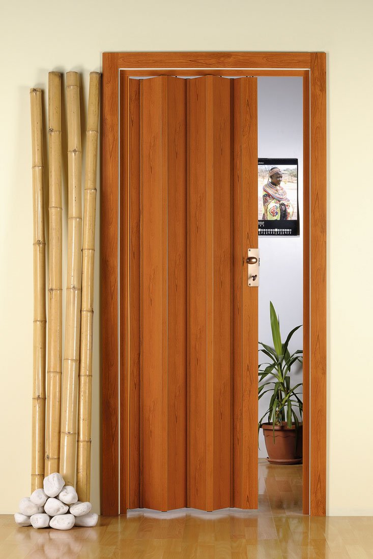 Forte Porta a Soffietto Giulia in PVC, Resistente agli urti, Riducibile, Kit completo di serratura, L88,5 x H214 cm, Effetto legno Ciliegio
