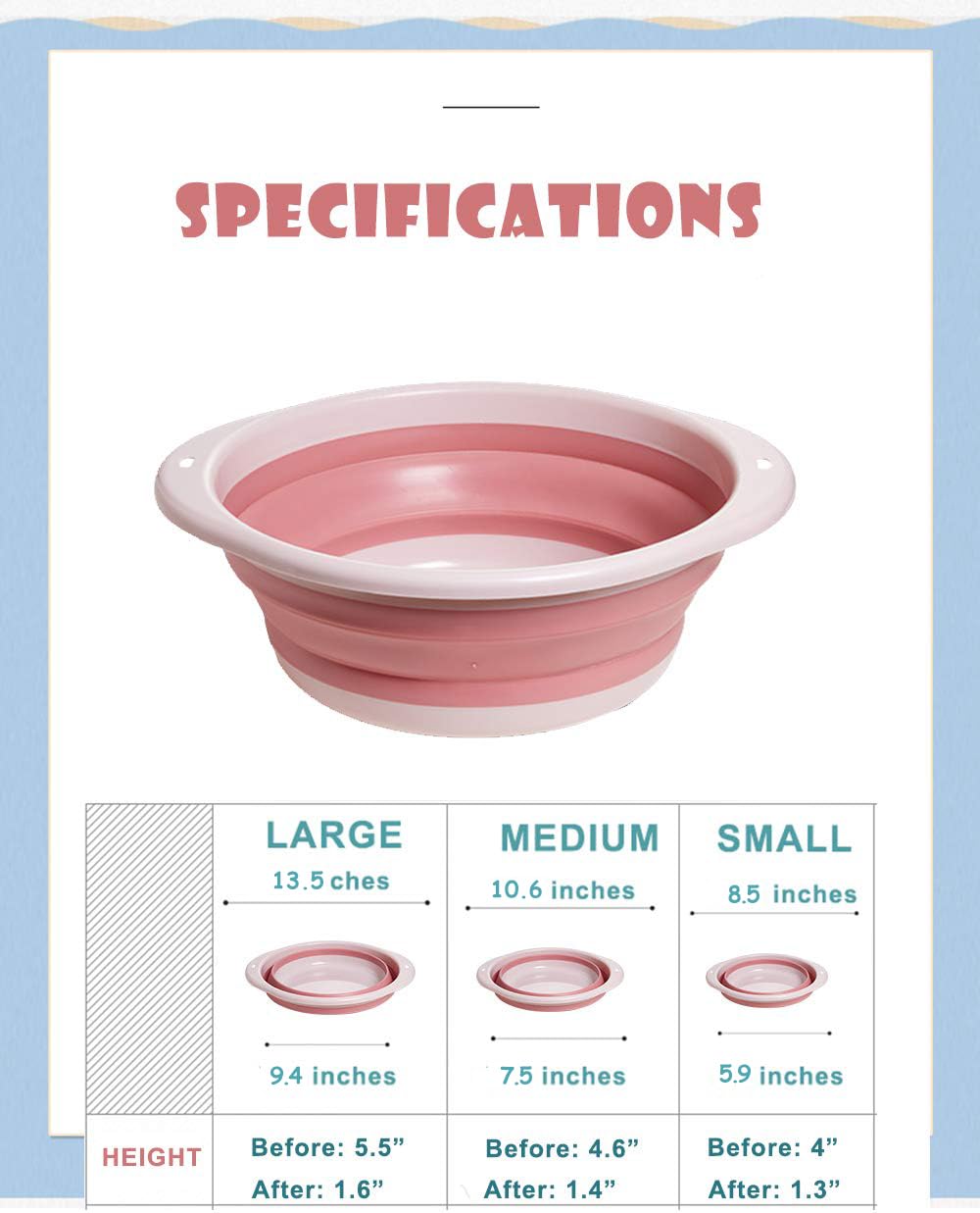 3-Pack Collapsible Wash Basin Set, Baby Kids Wash Basin Dish Tub for Travel Home, 3 Different Sizes Set Space Saving Pink Big Volume image 2