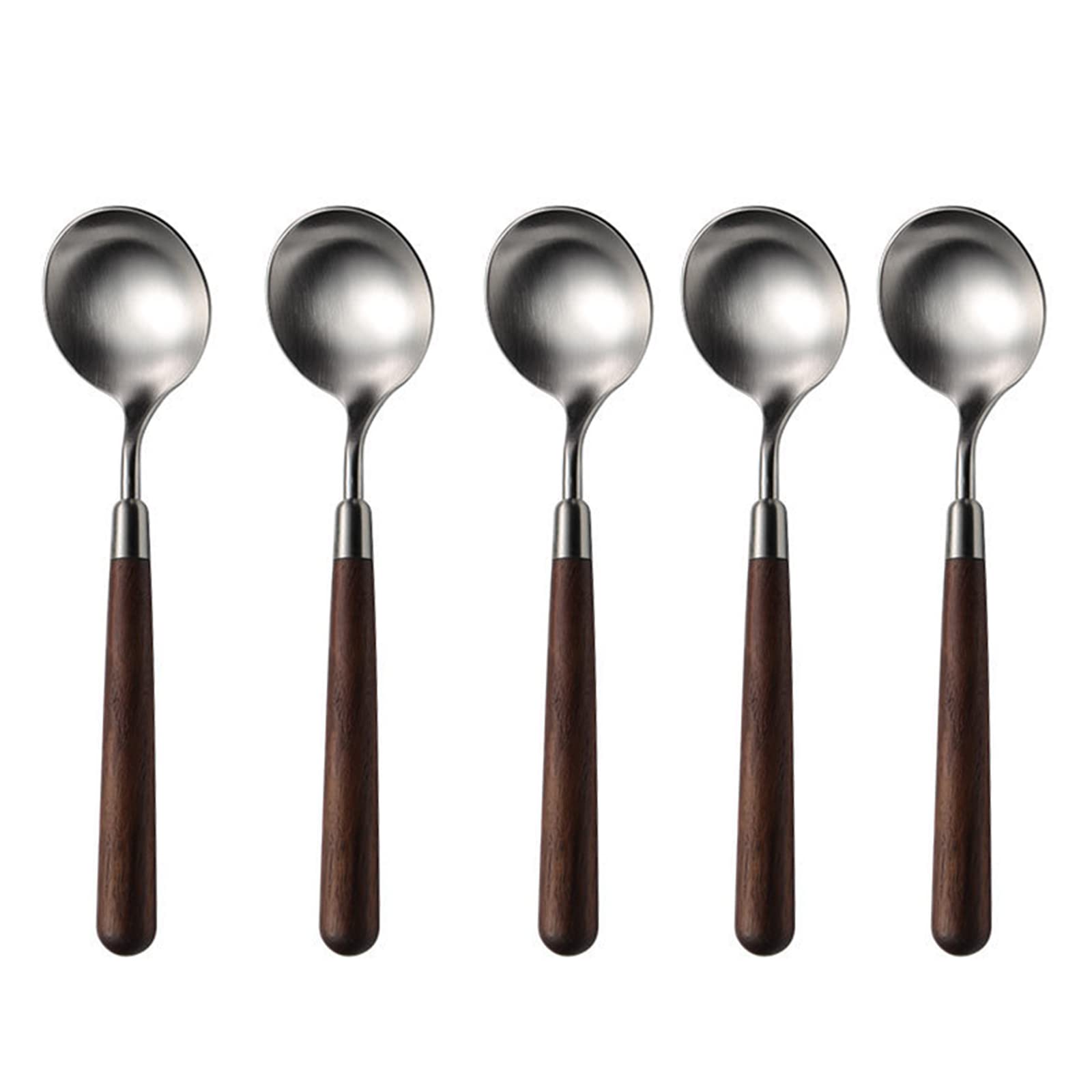 RIS LAN 10PCS Soup Spoons Stainless Steel, 18/10 Round Head Soup Spoons, Walnut Wood Handle Stainless Steel Japanese spoon, Dinner Metal Spoons for Soup,Dessert,Milk,Tea,Coffee, 7.5 Inch, Set of 5