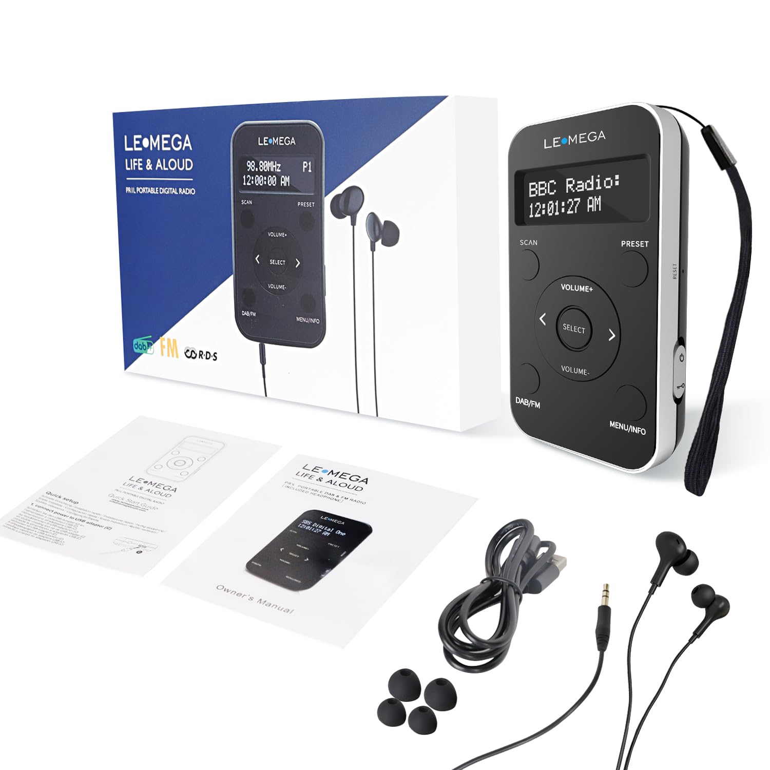 LEMEGA PR1L Radio Dab de Poche, Radio FM,Radio Dab+ Portable, écouteurs Inclus, Batterie Rechargeable, 40 présélections, écran LCD, Radio Dab pour Le Sport avec Interrupteur verrouillable.Noir/Argent