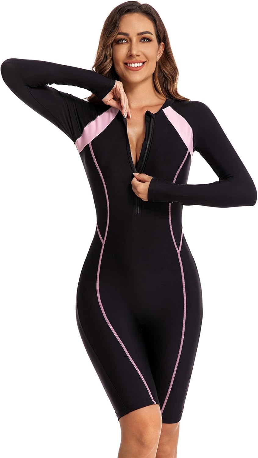 Micosuza Women's Long Sleeve Boyleg Rash Guard One Piece Swimsuit Athletic UPF 50 Surfing Bathing Suit