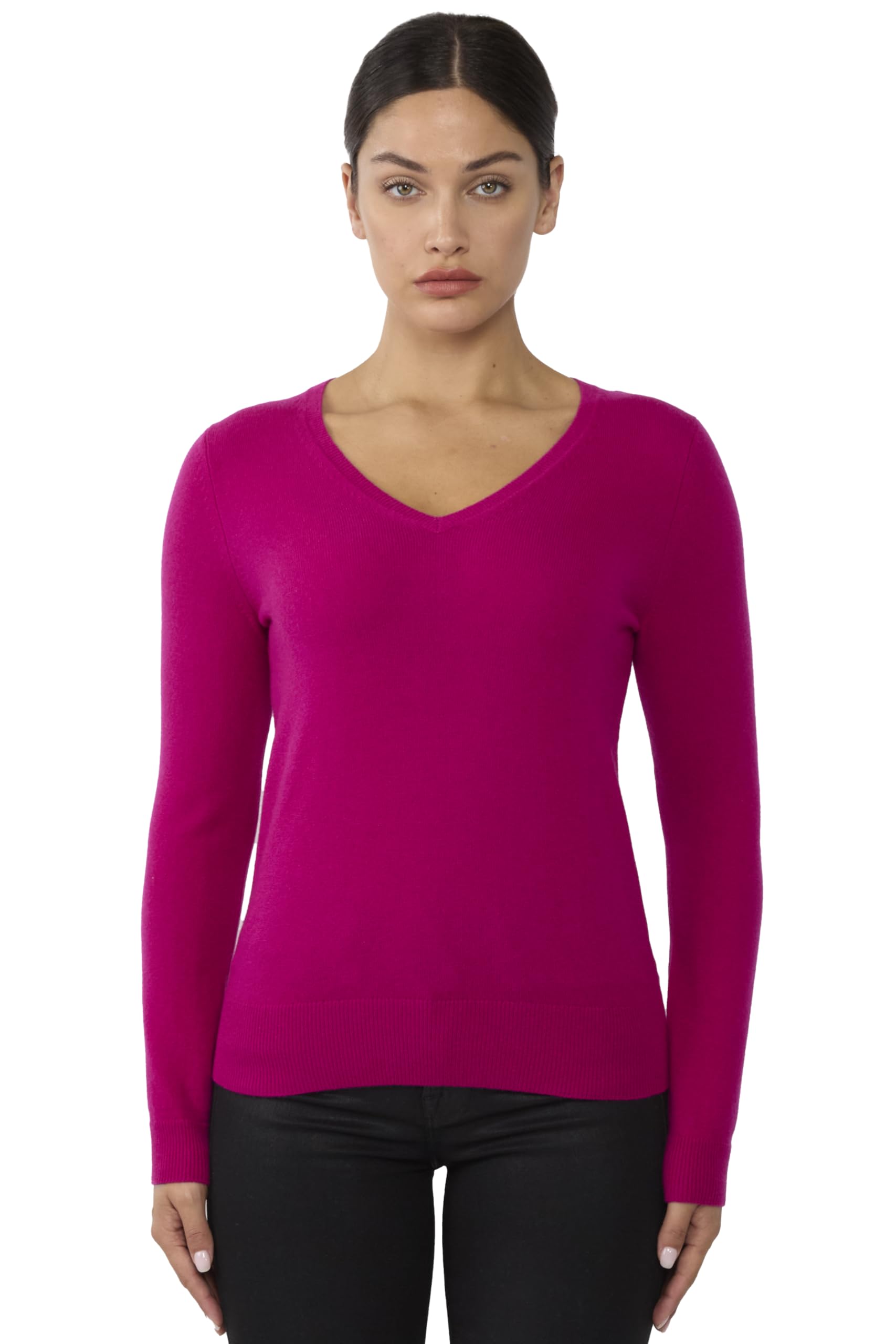 JENNIE LIU Women's 100% Pure Cashmere Long Sleeve Pullover V Neck Jumper(XL, Berry)