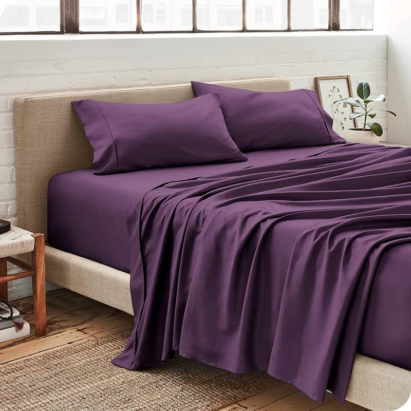Image of Bed Sheet Double Size Cotton - Pure Egyptian Cotton Double Size BedSheet with Pillow Cover - Solid Purple 600 Thread Count - Stain Resistant, Skin Friendly, Organic Cotton BedSheet