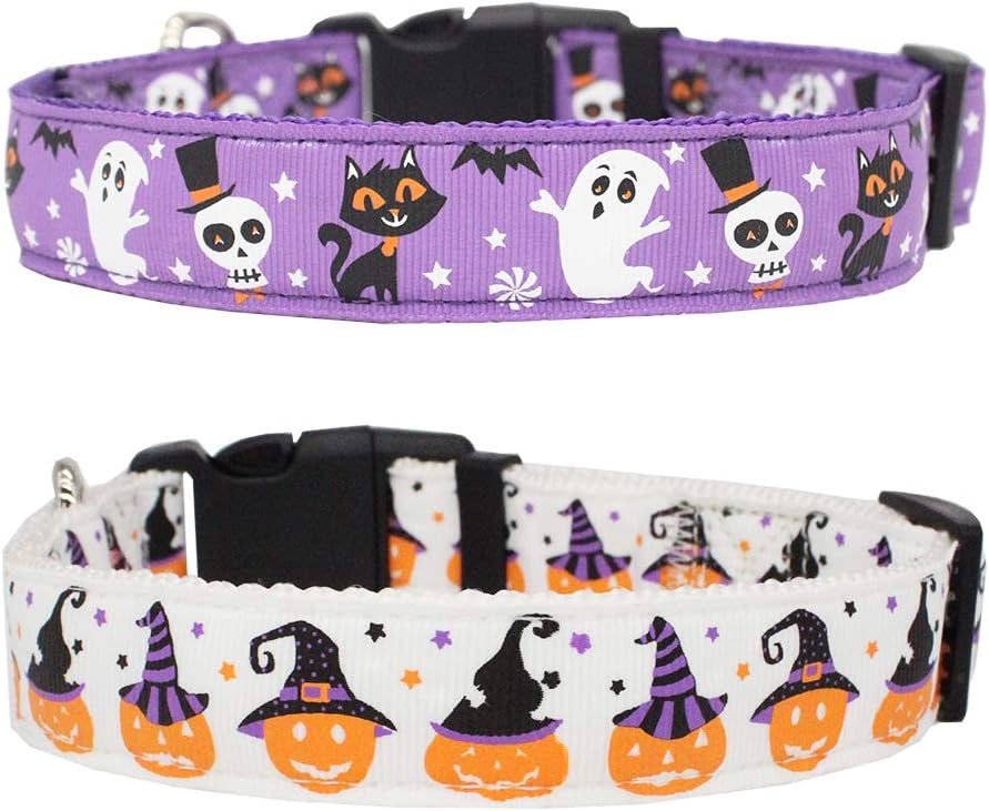 Halloween Dog Collar Adjustable Heavy Duty Pet Collar with Pumpkin Ghost Patterns 11" - 17" for Medium and Larger 2 Pack White, Orange