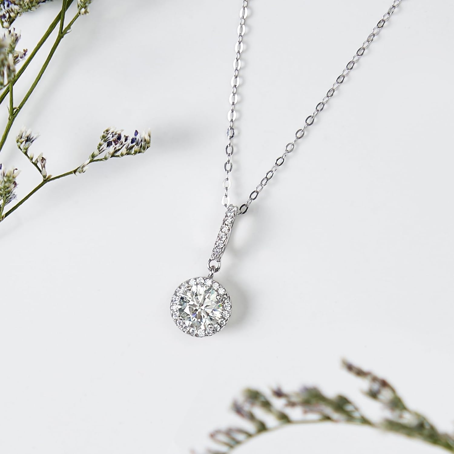 QUEENOU 1 CT Moissanite Pendant Necklace for Women, 925 Sterling Silver with 18K White Gold Plated, VVSI Purel D Color, Set with 28 Cubic Zirconia, 17.7"+3.9" Adjustable Chain, Perfect for Birthday, Valentine's, and Christmas Gifts - Image 3