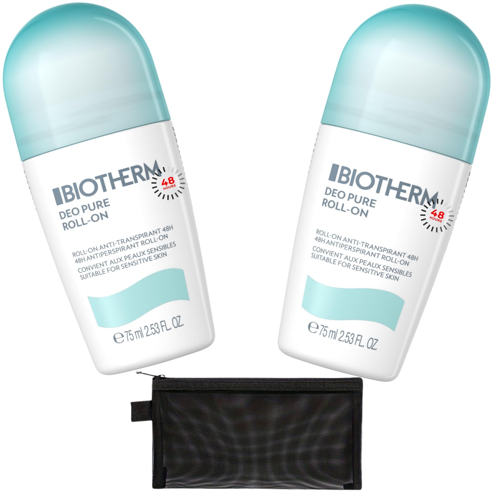 Roll On Deodorant Womens Bundle Deo Pure Antiperspirant 75ml Pack of 2, Alcohol-free, Paraben-free, Travel Friendly with Black Mesh Cosmetic Bag