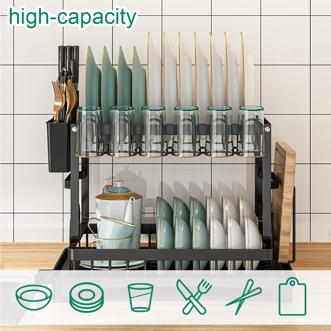 Escurridor de platos de 2 niveles, vajilla inoxidable duradera de gran capacidad con bandeja de goteo, soporte de utensilios, tabla de cortar para encimera o fregadero de cocina (negro)