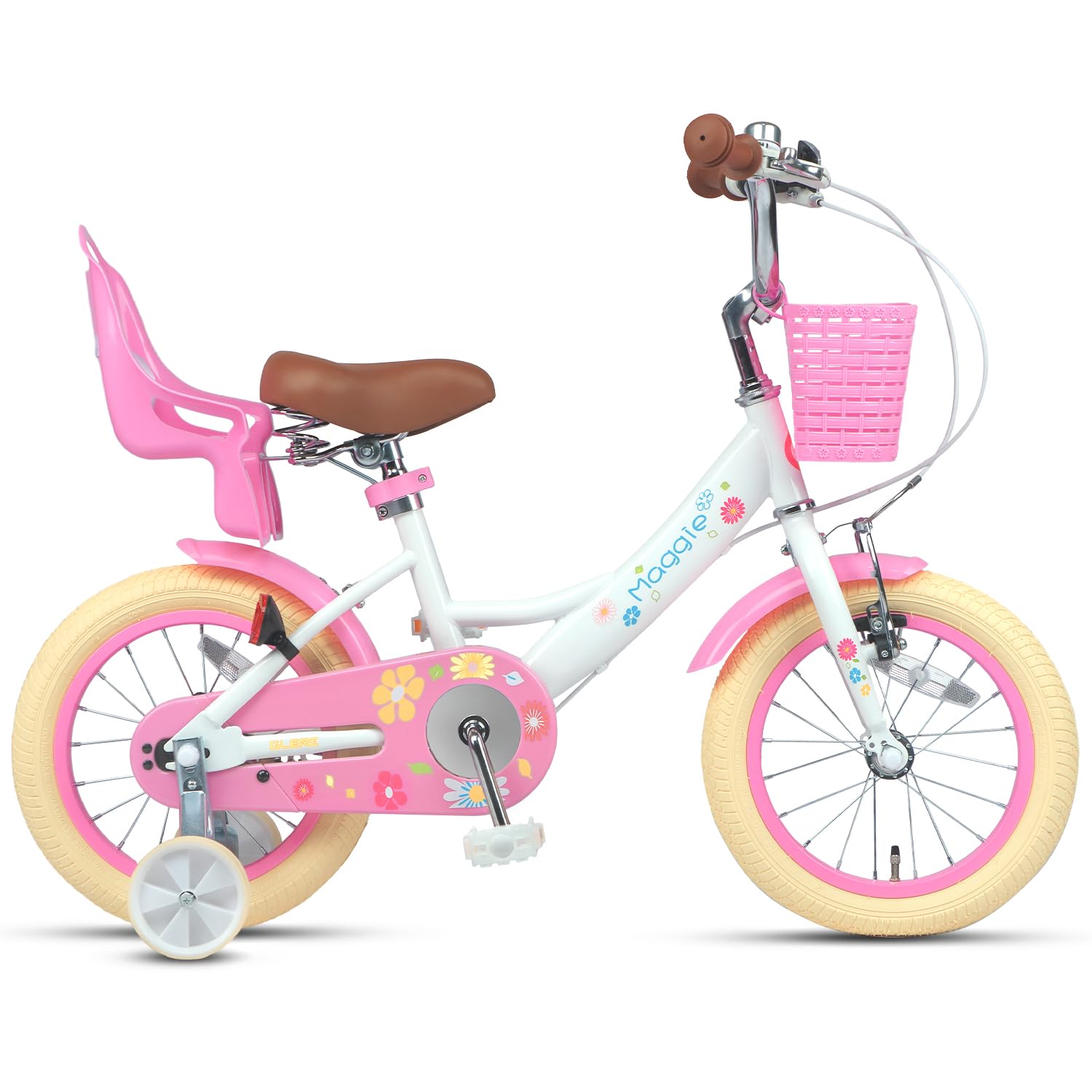 Glerc Maggie 12 14 16 20 Inch Kids Bike for 2-13 Years Old, Girls Bicycle with Doll-Seat & Basket & Stabilisers & Kickstand, Multiple Colors
