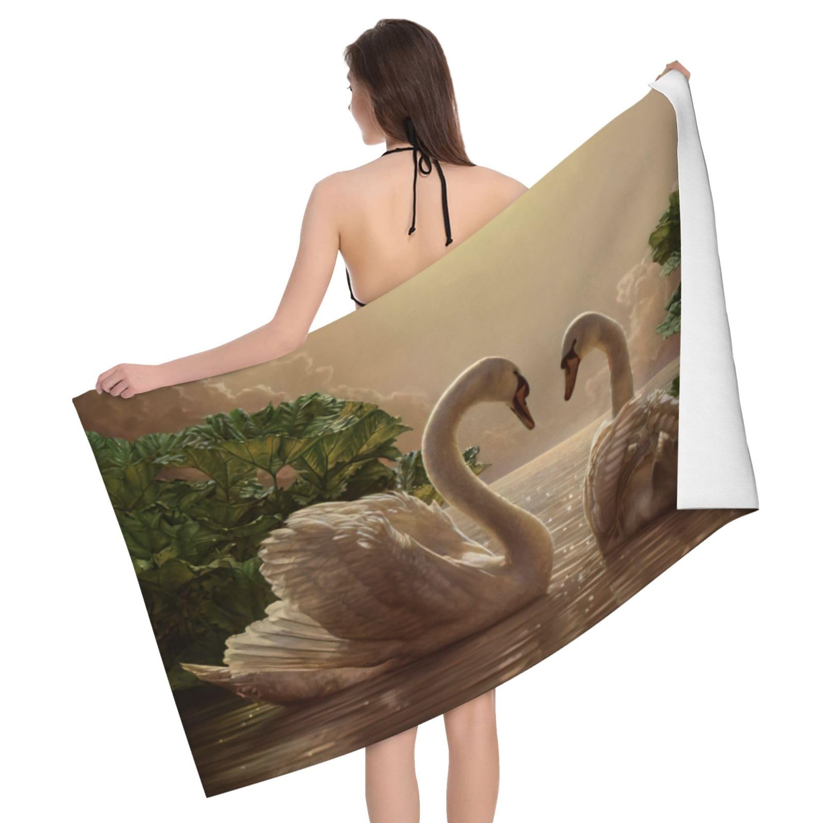 Serviette de bain microfibre cygne et feuilles vertes 81x132 cm
