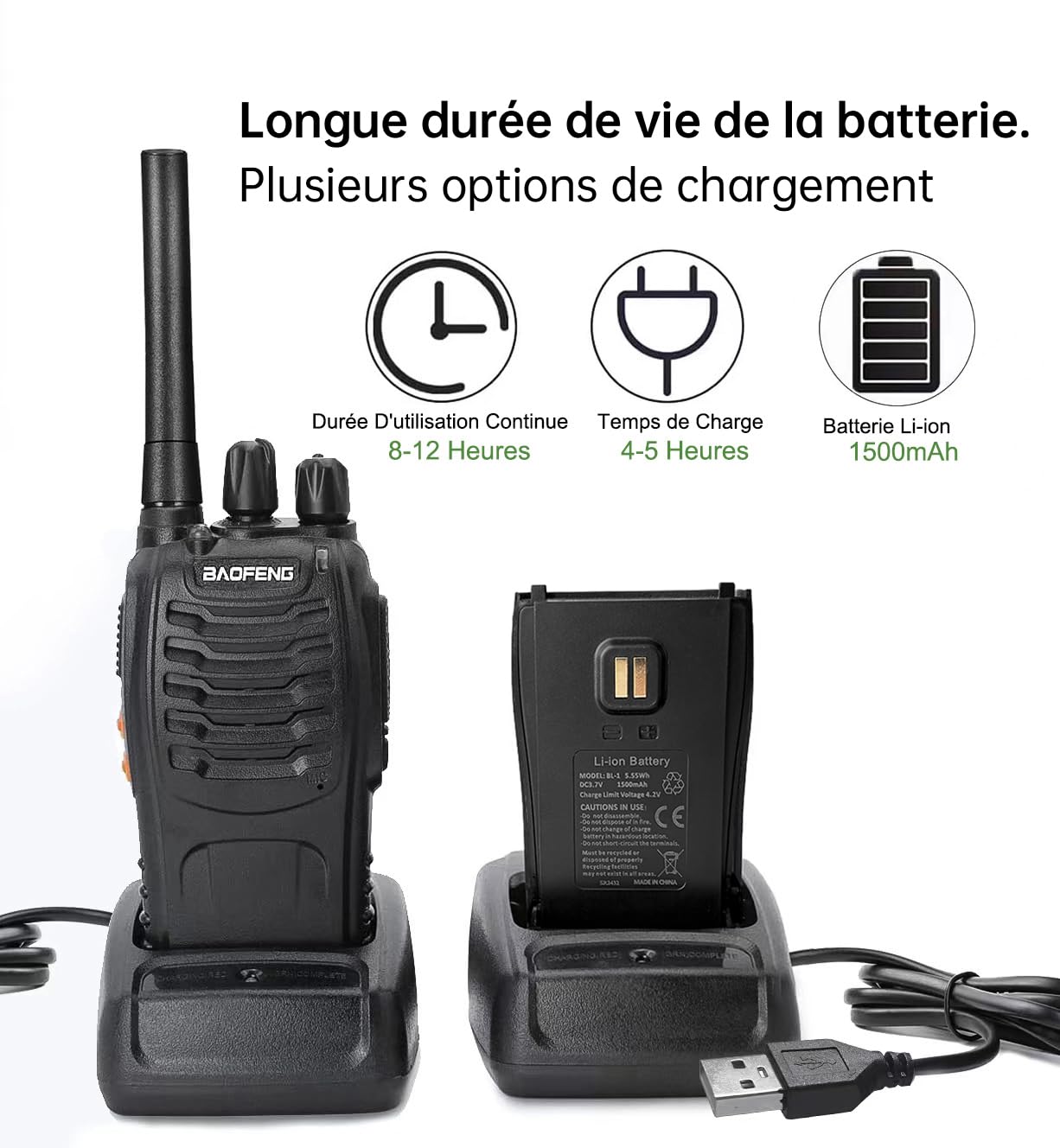 Baofeng Talkie Walkie Longue portée Rechargeable Professionnelle 16 Canaux PMR Talkies-Walkies Radio，avec oreillette, USB Chargeur, Batterie（1 Paire）