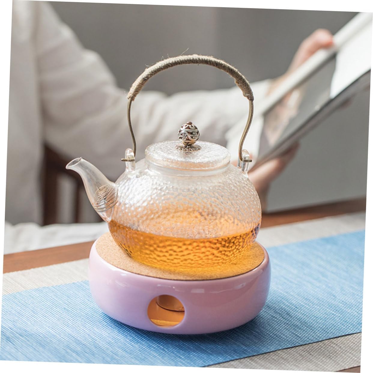 Hemobllo Ceramic Teapot Warmer with Wood Base Multi Functional Tea Heater for Milk Wine Elegant Design for Relaxing Tea