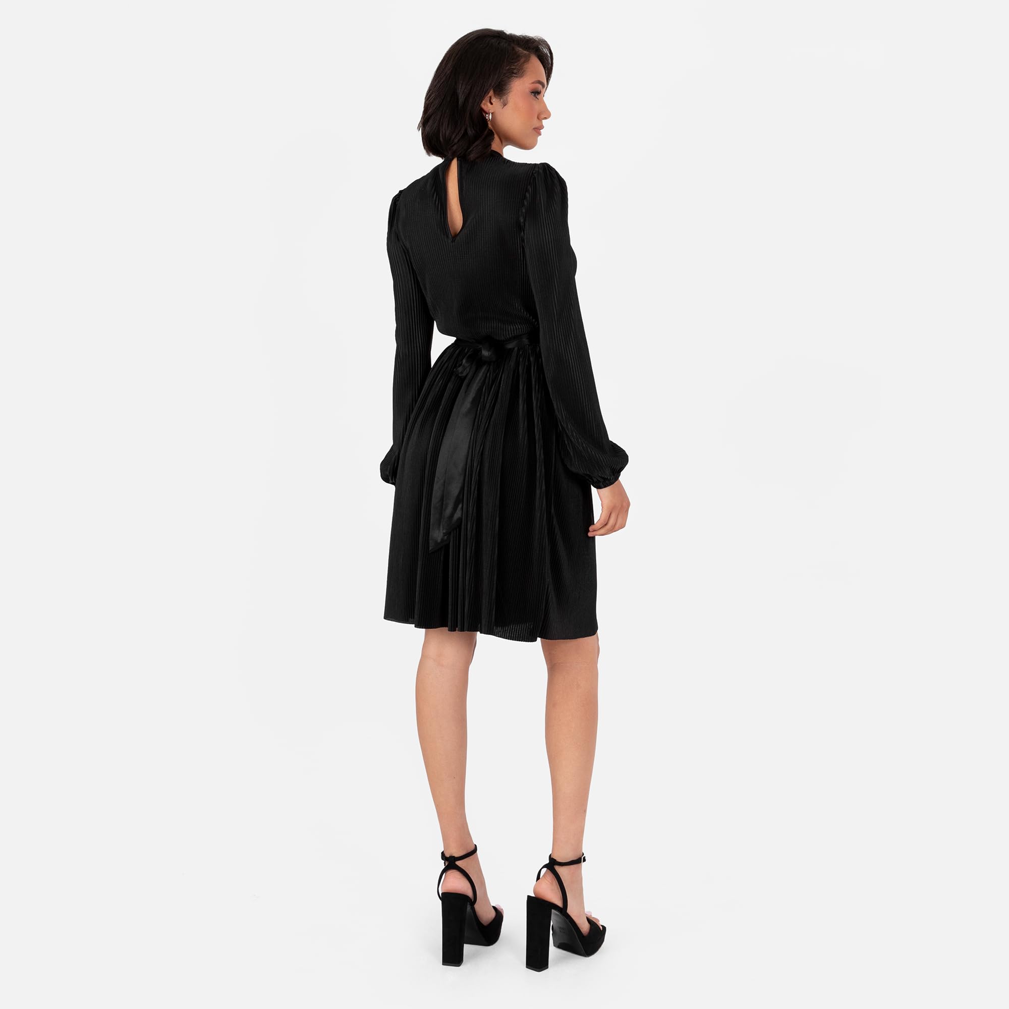 Lovedrobe Women's Mini Dress Ladies Long Balloon Sleeve High Neck Keyhole Detail Fit And Flare Plissé Cocktail Evening Occasion