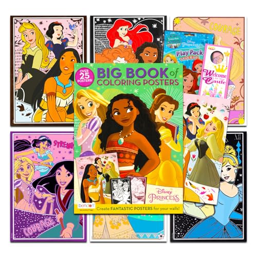Disney Set di poster con libro delle principesse, confezione con 25+ poster da colorare Disney Princess per la stanza delle ragazze con Ariel, Rapunzel, altro | Decorazione da parete fai da te per la