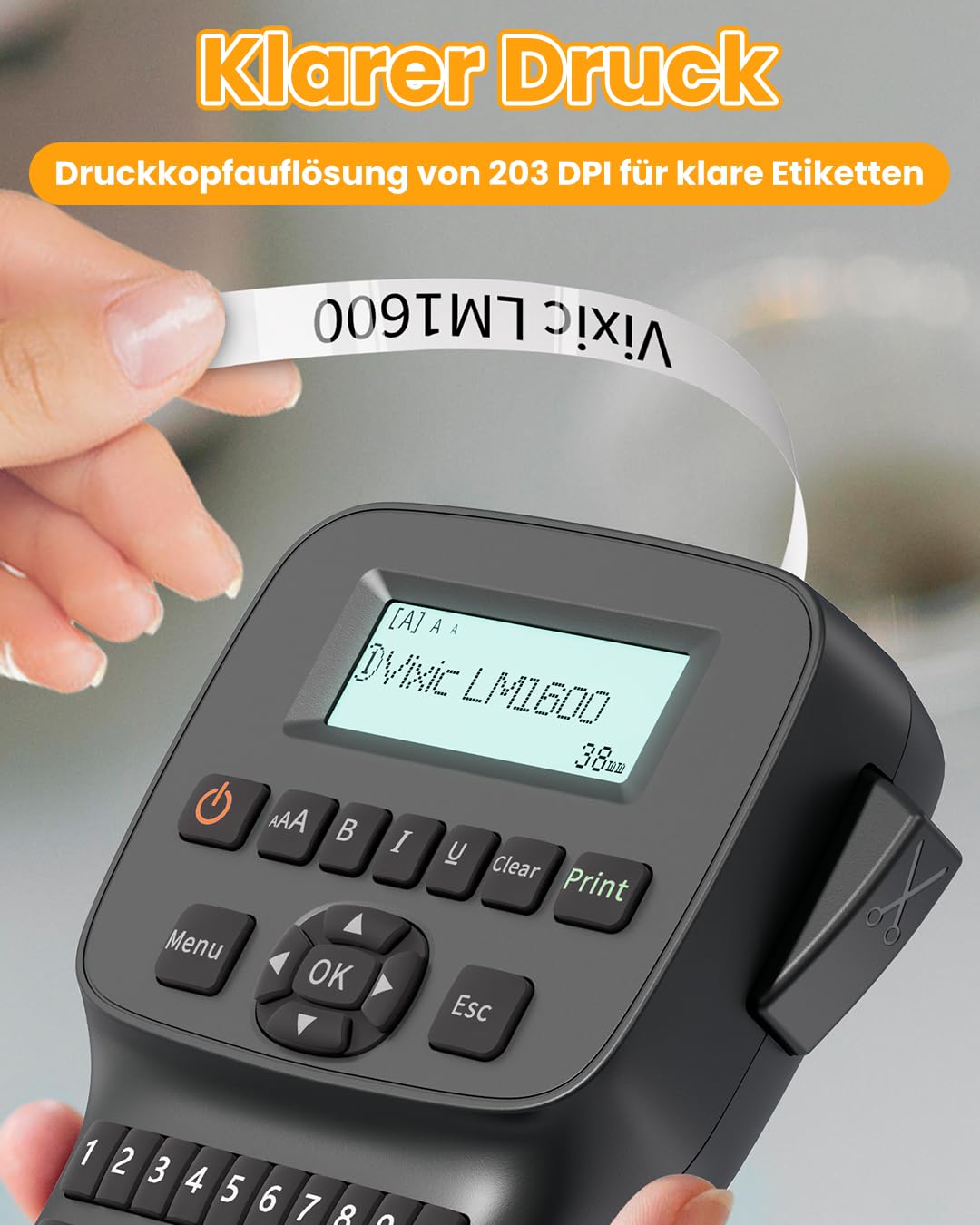 Vixic Tragbares Beschriftungsgerät mit wiederaufladbarem Akku und Bluetooth, LM1600 Etikettiergerät mit QWERTY Tastatur, einfache Textbearbeitung für D1 Etiketten in 12mm Breite