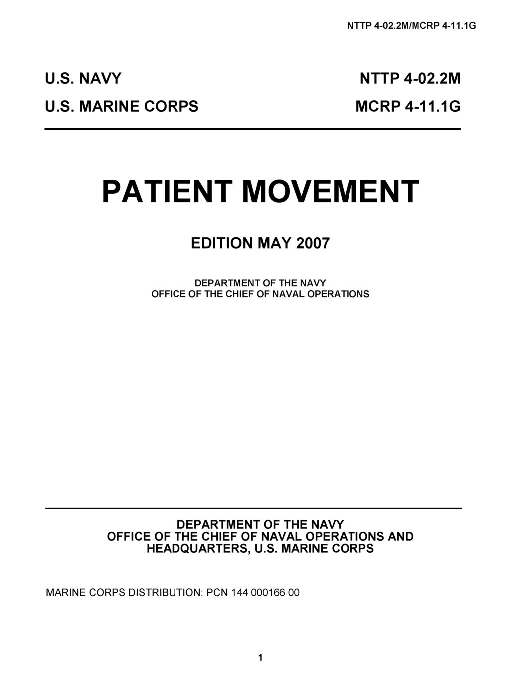 Navy Tactics Techniques and Procedures NTTP 4-02.2M MCRP 4-11.1G Patient Movement May 2007 Paperback