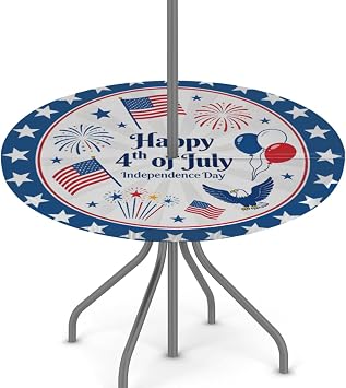Pardick 4th of July Round Outdoor Tablecloth with Umbrella Hole 45"-56" Zippered Elastic Tablecloth Outdoor Round Fitted Tablecloth Waterproof Umbrella Zippered Tablecloth for Patio
