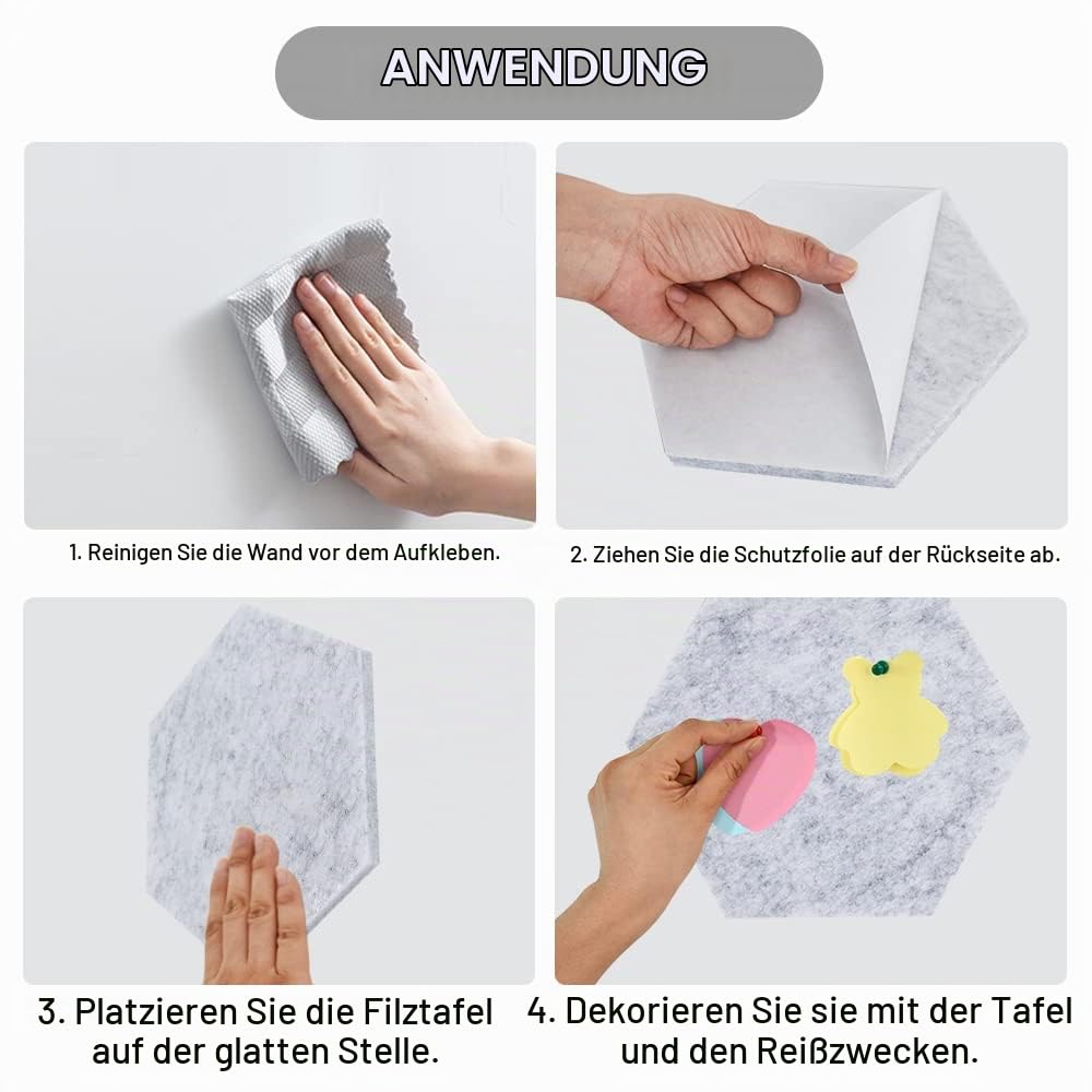 Vuzvuv 6 Stück graue sechseckige Filz-Pinnwand mit 35 Reißzwecken, selbstklebend, leicht, keine Schäden an der Wand, für Klebenotizen, Fotos, Zeitpläne, Ankündigungen.