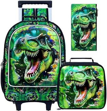 3Pcs Dinosaur Rolling Backpack for Boys, 18" Kids School Backpacks with Wheels, Roller Bookbag with Lunch Box for Preschool Toddler ElementaryGreen