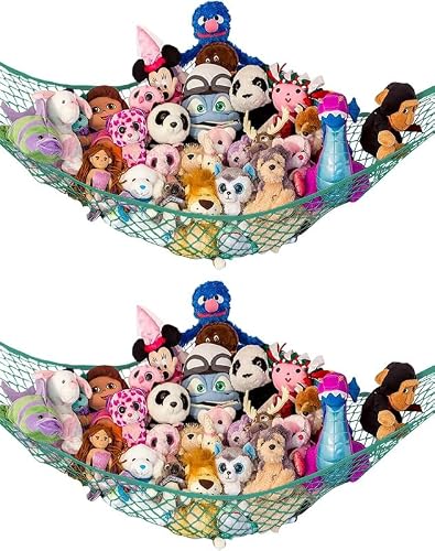 Extra Large Stuffed Animal Storage Hammock 2 Pack | Holds 12 lbs | Corner Stuffed Animal Organizer | Plushie Net for Stuffed Animals | Stuffy Storage, Cute Bedroom, Room Decor | Green