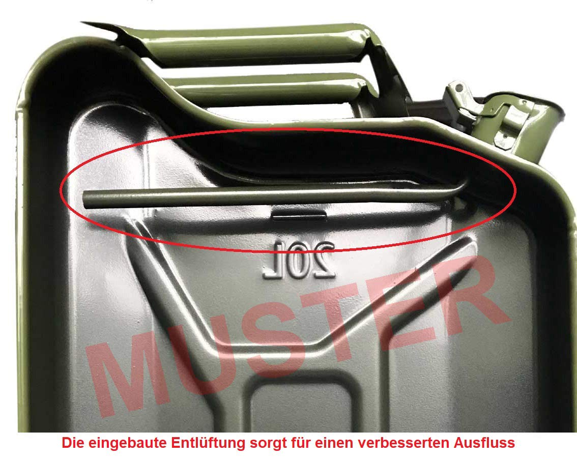 TRUTZHOLM Kraftstoffkanister Benzin und Diesel 20 Liter kratzfeste olivfarbene Hammerschlagbeschichtung inkl. Ausgießer mit Halter Metallkanister Dieselkanister Benzinkanister UN-Zulassung (3)