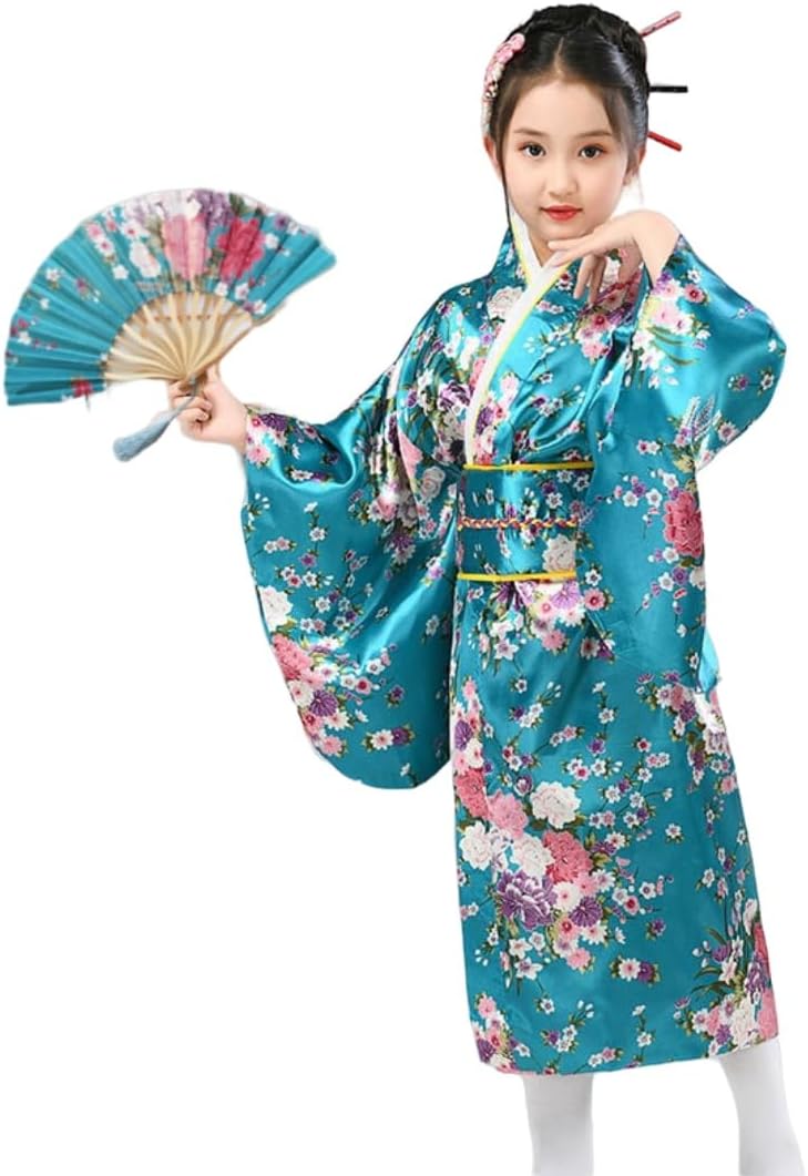 Japanese Kimono Dress for Kid Girls Include Handheld Fan, Long Sakura Robe for School Performance, Birthday and Themed Party Costume