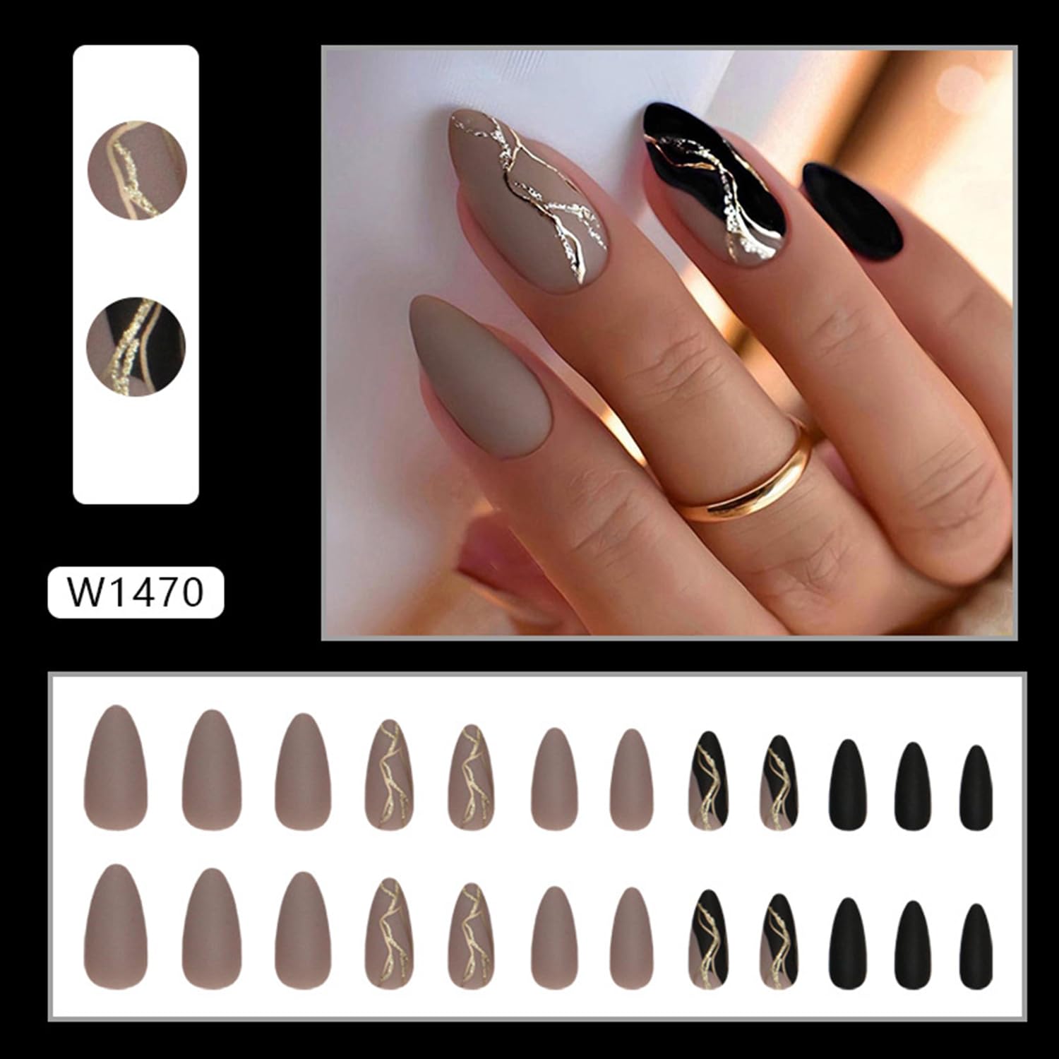 Condition photo showing New/Like New for Almond Press On Long Oval Fake Gold Wavy Lines Acrylic Reusable Stick On Full Cover Glue Nails for Women DIY Manicure