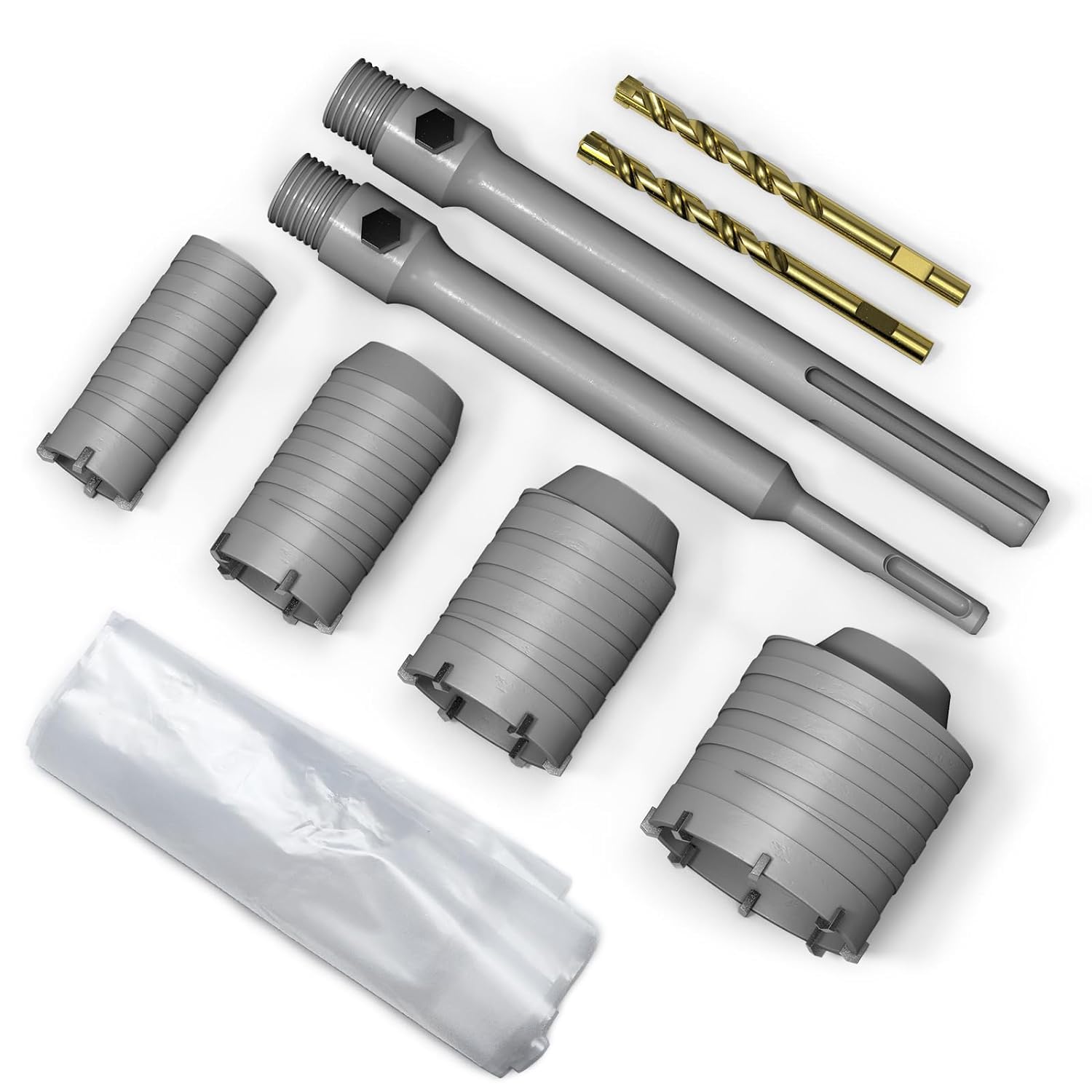 Set di 9 seghe a tazza per calcestruzzo (30 mm, 40 mm, 50 mm, 65 mm) con gambo SDS Plus da 220 mm e gambo MAX e 5 raccoglipolvere - Ideale per forare calcestruzzo, cemento, mattoni, pietra e pareti