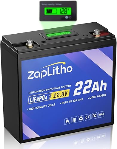 LiFePO4 - Batería de litio mejorada de 12 V 22 Ah, diaplay de voltaje LCD y BMS de 30 A, células de ciclo profundo de grado A, batería ligera de