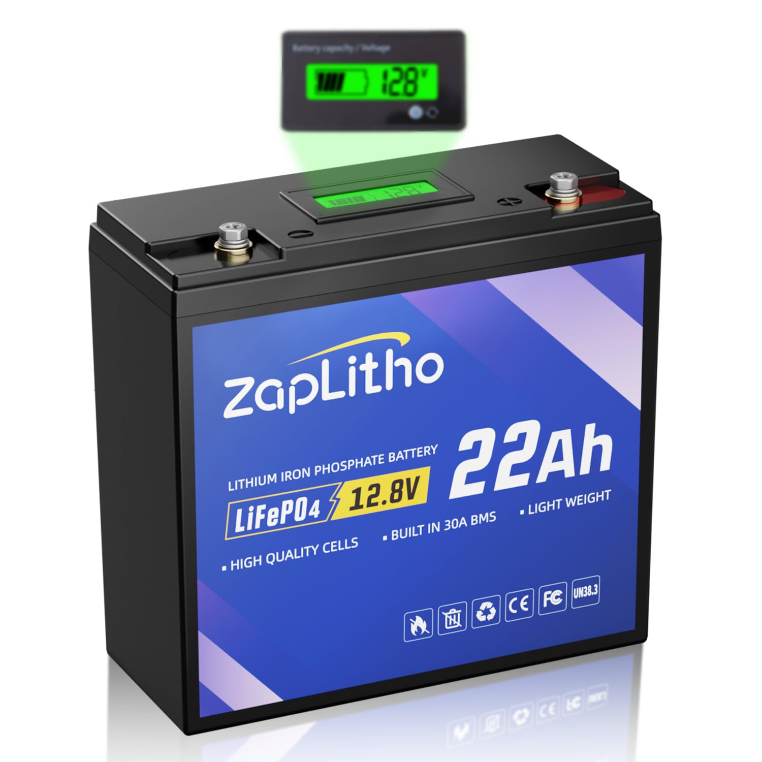 Upgraded 12V 22Ah Lithium Battery LiFePO4, LCD Voltage Diaplay & 30A BMS, Deep Cycle Grade A Cells, Lightweight Lithium Iron Phosphate Battery for Fishfinder, Ham Radio, Camp, Solar, Off Grid